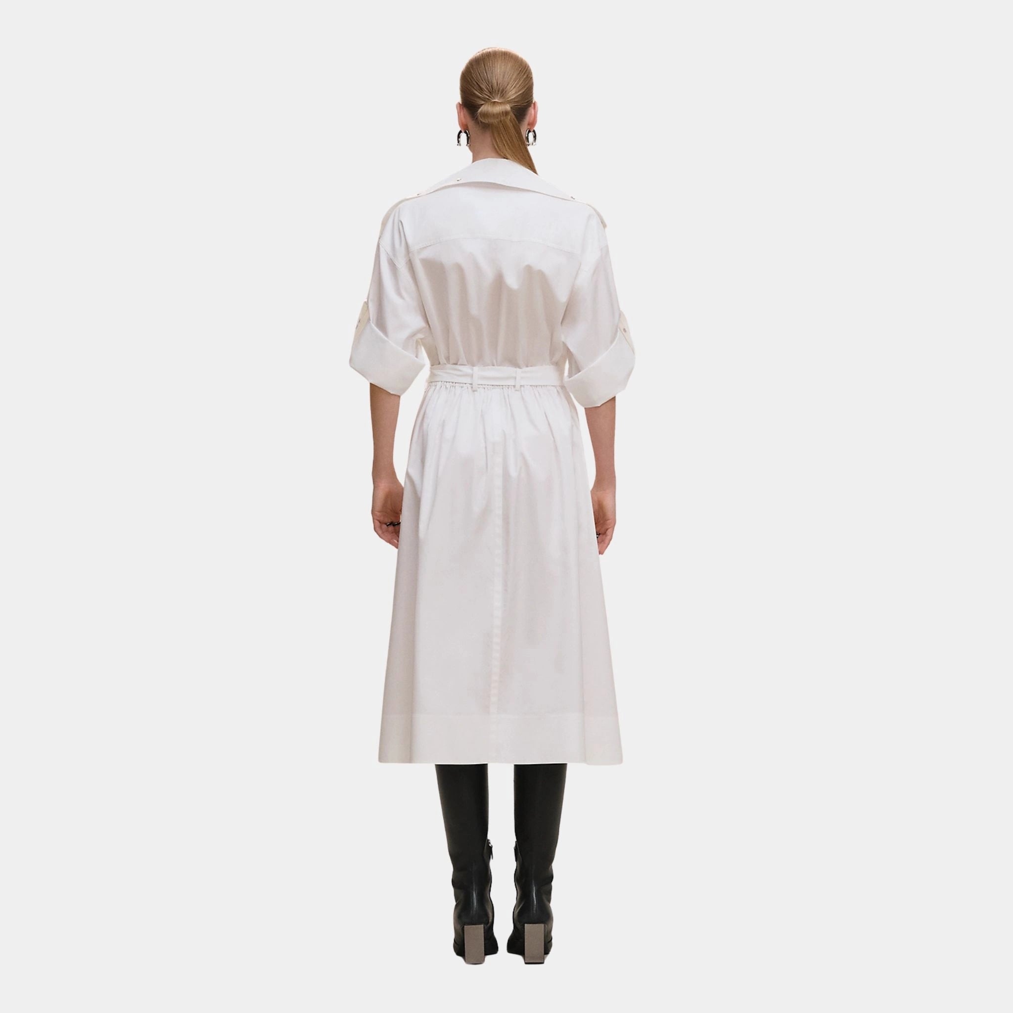 Hermes Belted Wide Dress in Cotton Twill, Blanc, Back