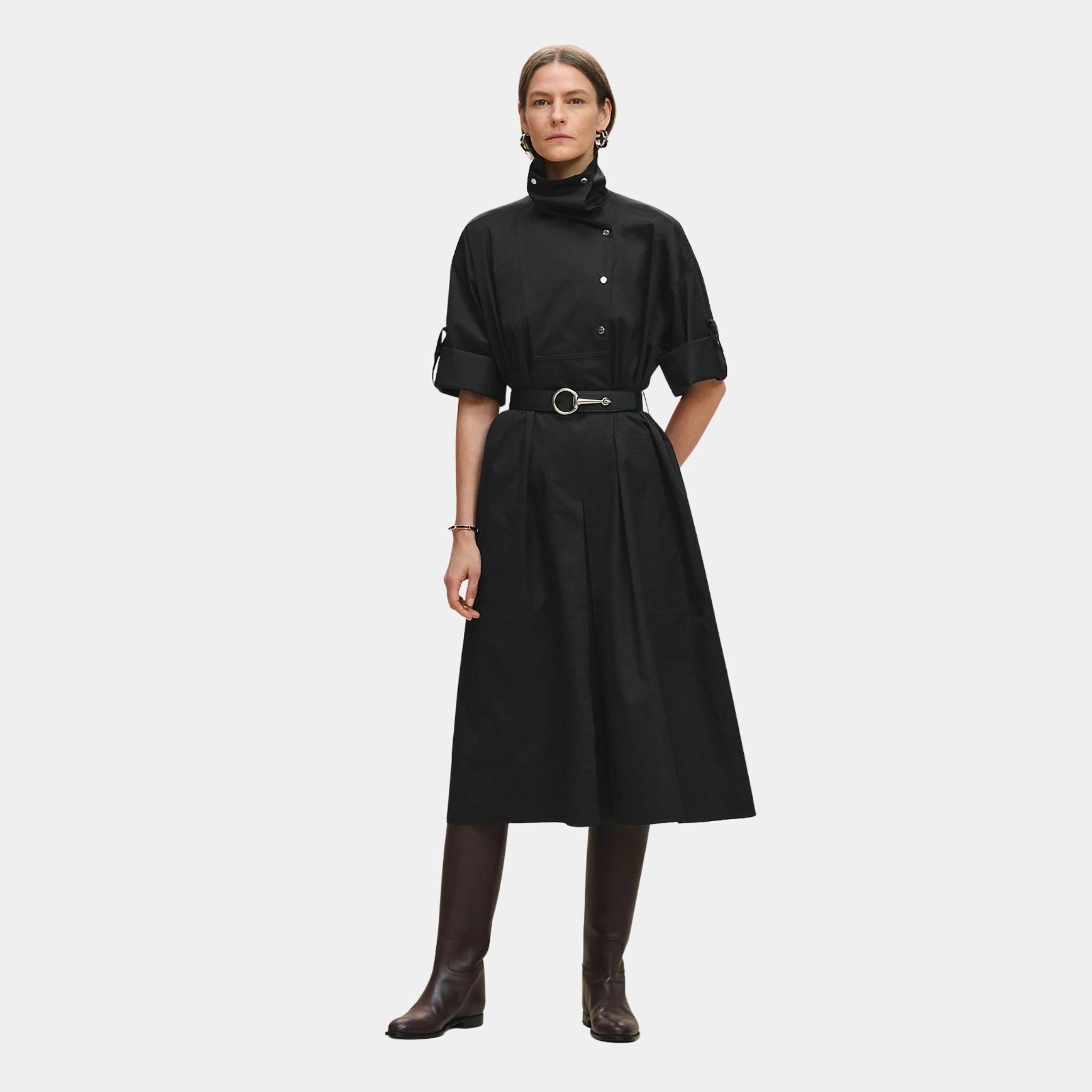 Hermes Belted Wide Dress in Cotton Twill, Noir, Front