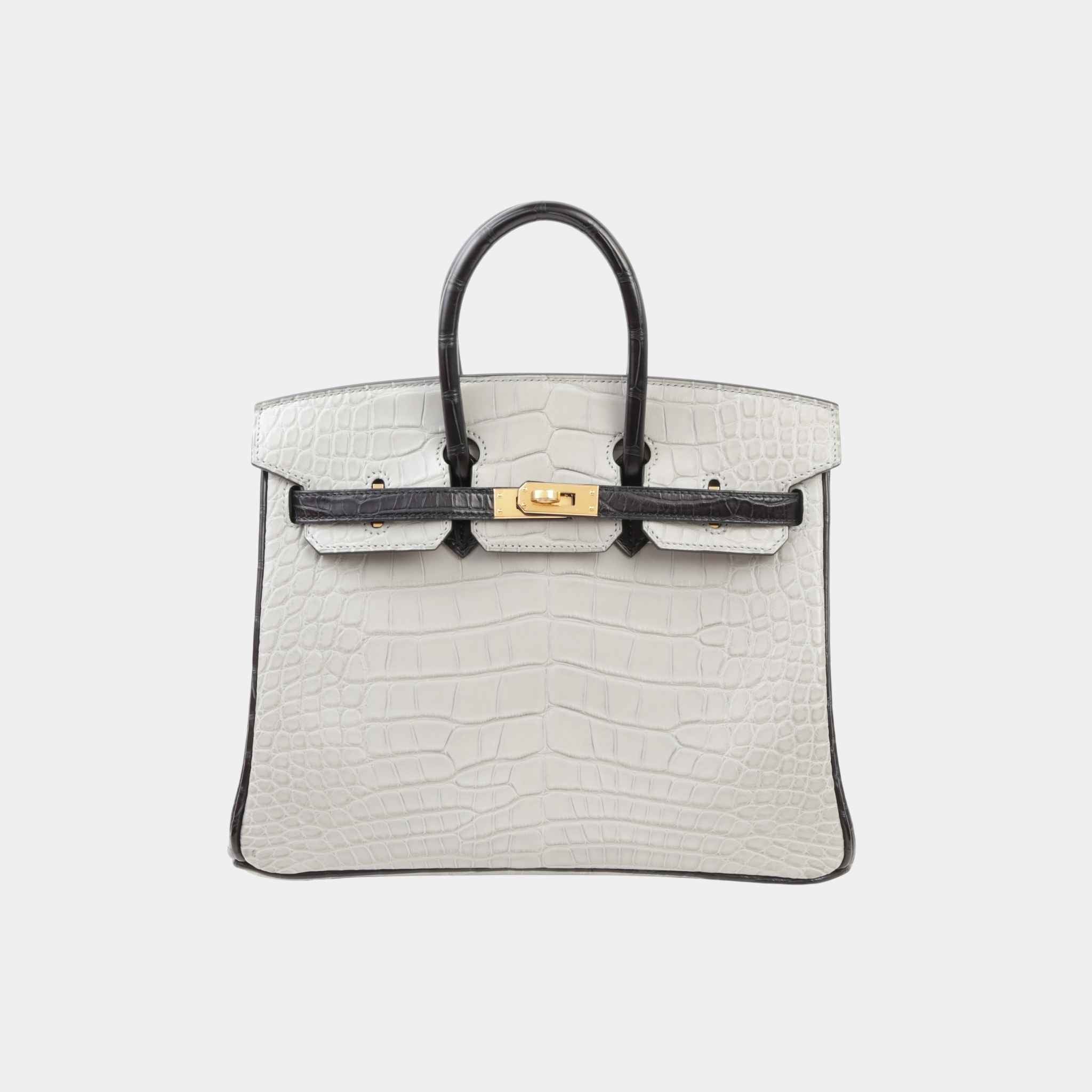 Hermes Birkin 25 HSS Matte Alligator Gris Perle/Black GHW, Front