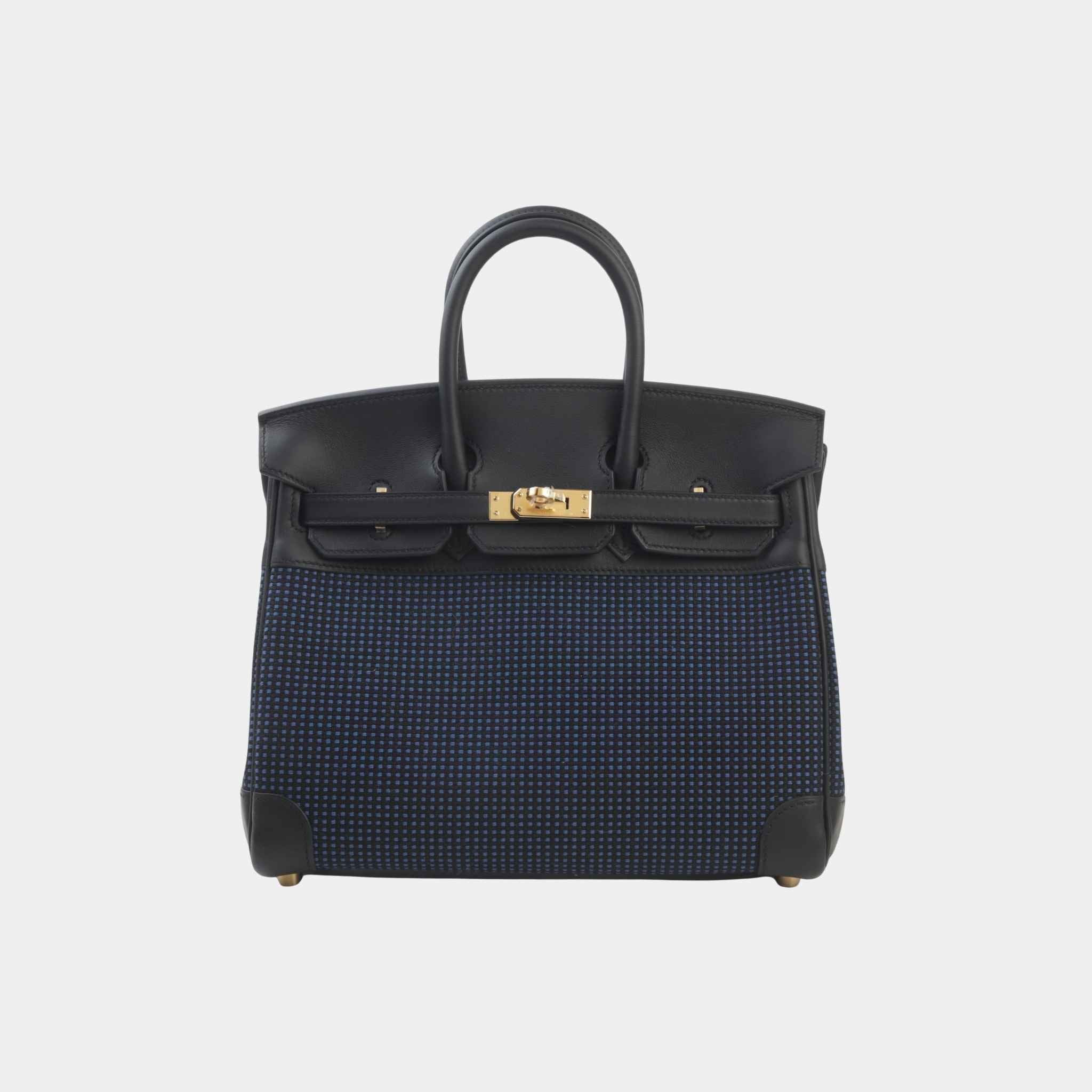 Hermes Birkin 25 Swift-Toile Quadrille Canvas Black/Bleu Egee GHW, Front