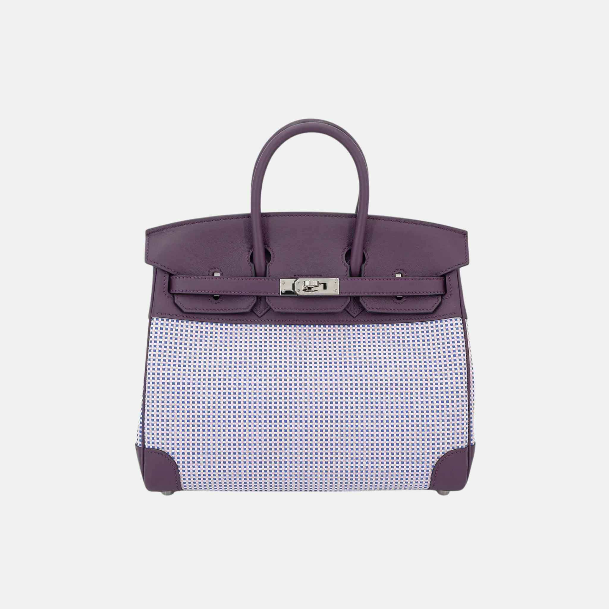 Hermes Birkin 25 Swift-Toile Quadrille Canvas Cassis/Mauve Sylvestre/Ecru PHW, Front