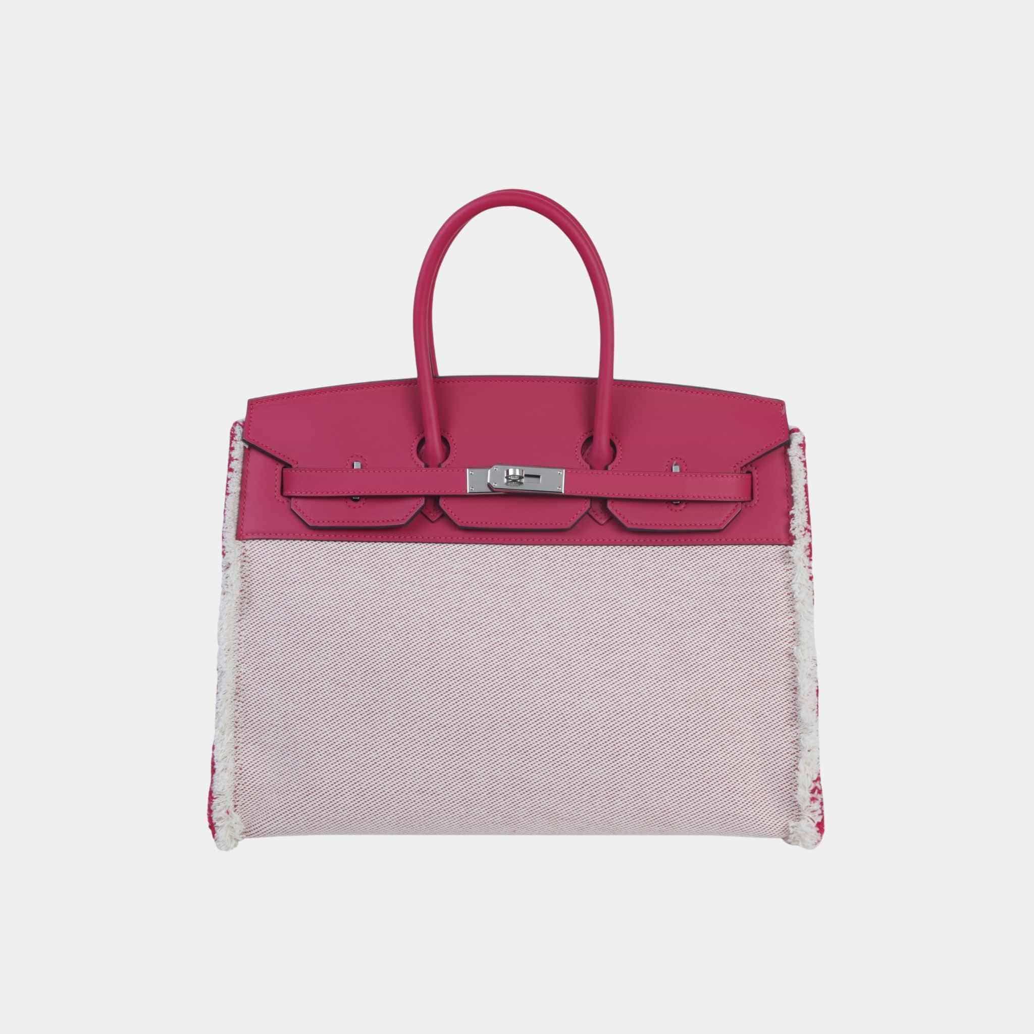 Hermes Birkin 35 Fray Fray Toile H Canvas-Swift Framboise PHW, Front