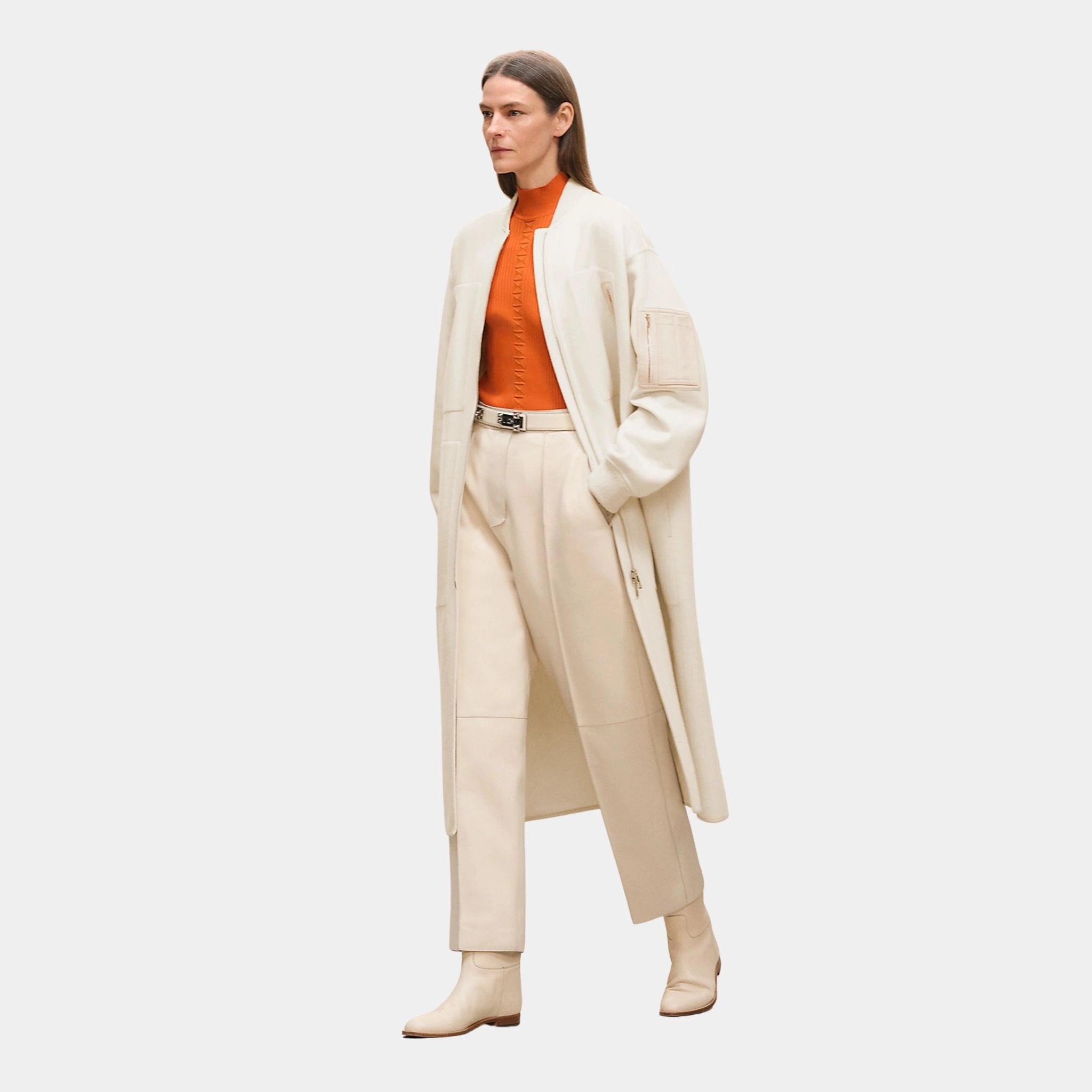 Hermes Bomber-inspired Coat in Double-sided Cashmere, Blanc Naturel, Front