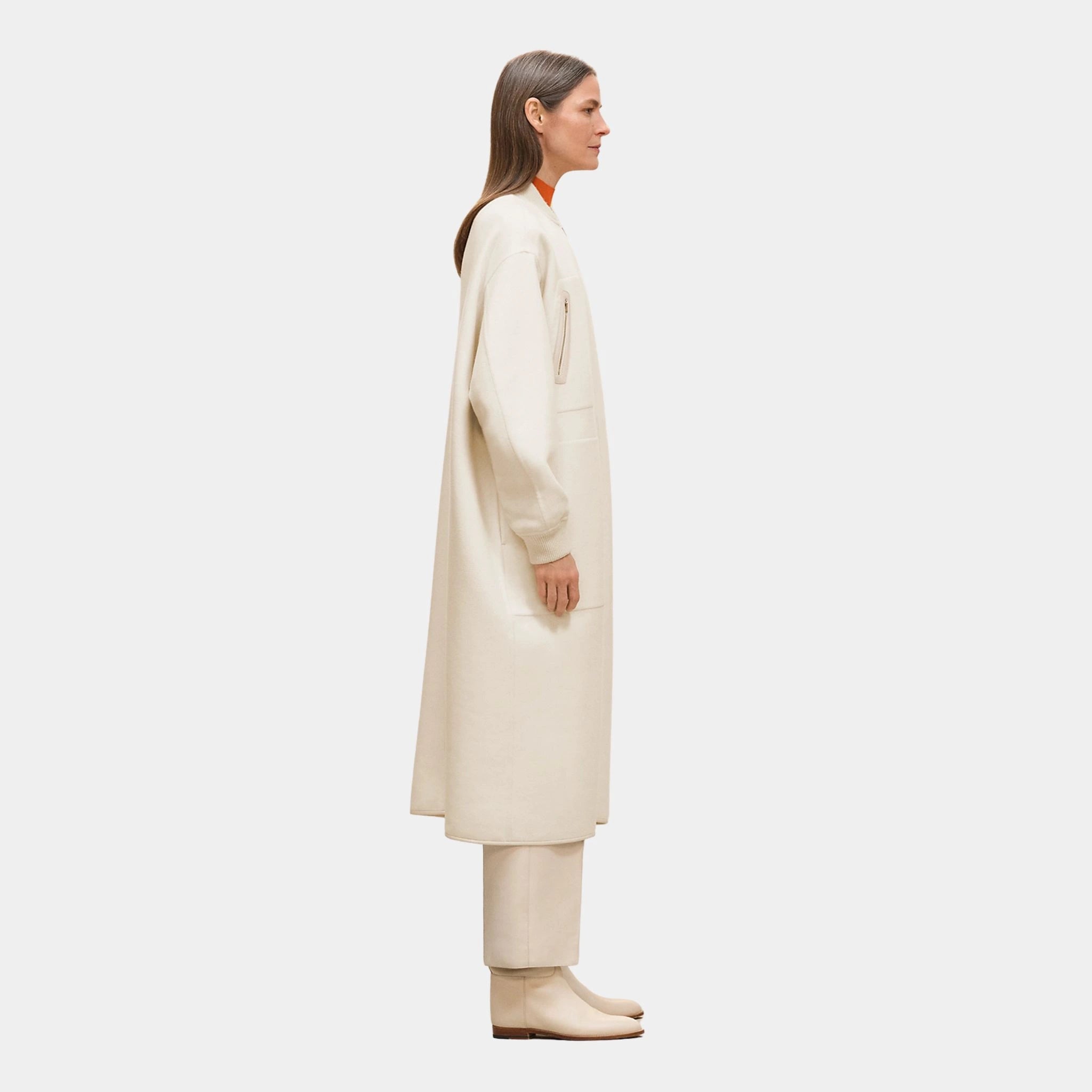 Hermes Bomber-inspired Coat in Double-sided Cashmere, Blanc Naturel, SIde
