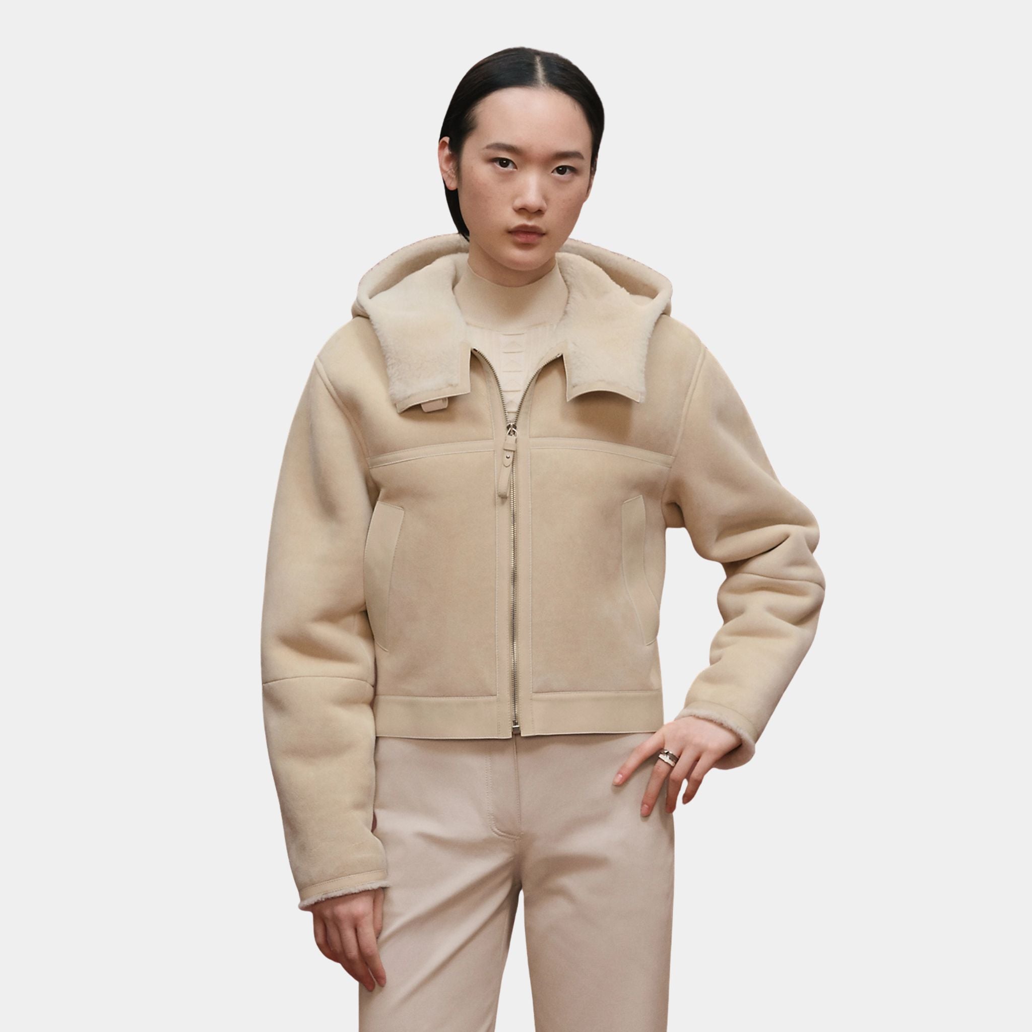 Hermes Bomber-inspired Jacket in Curly Sheepskin, Blanc, Coquille, Front