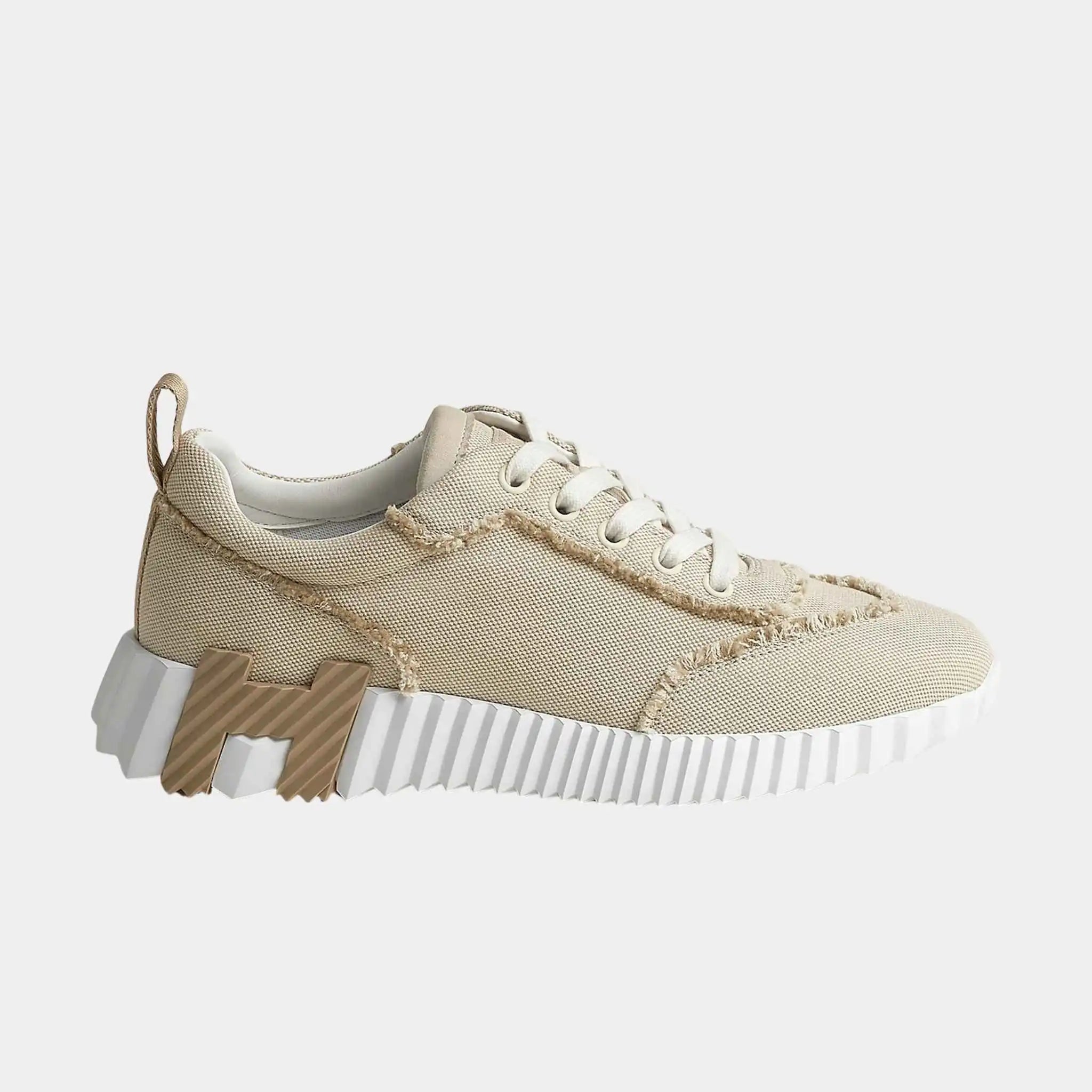 Hermes Bouncing Sneakers in Fringed H Canvas and Suede Goatskin, Beige Glaise, Side