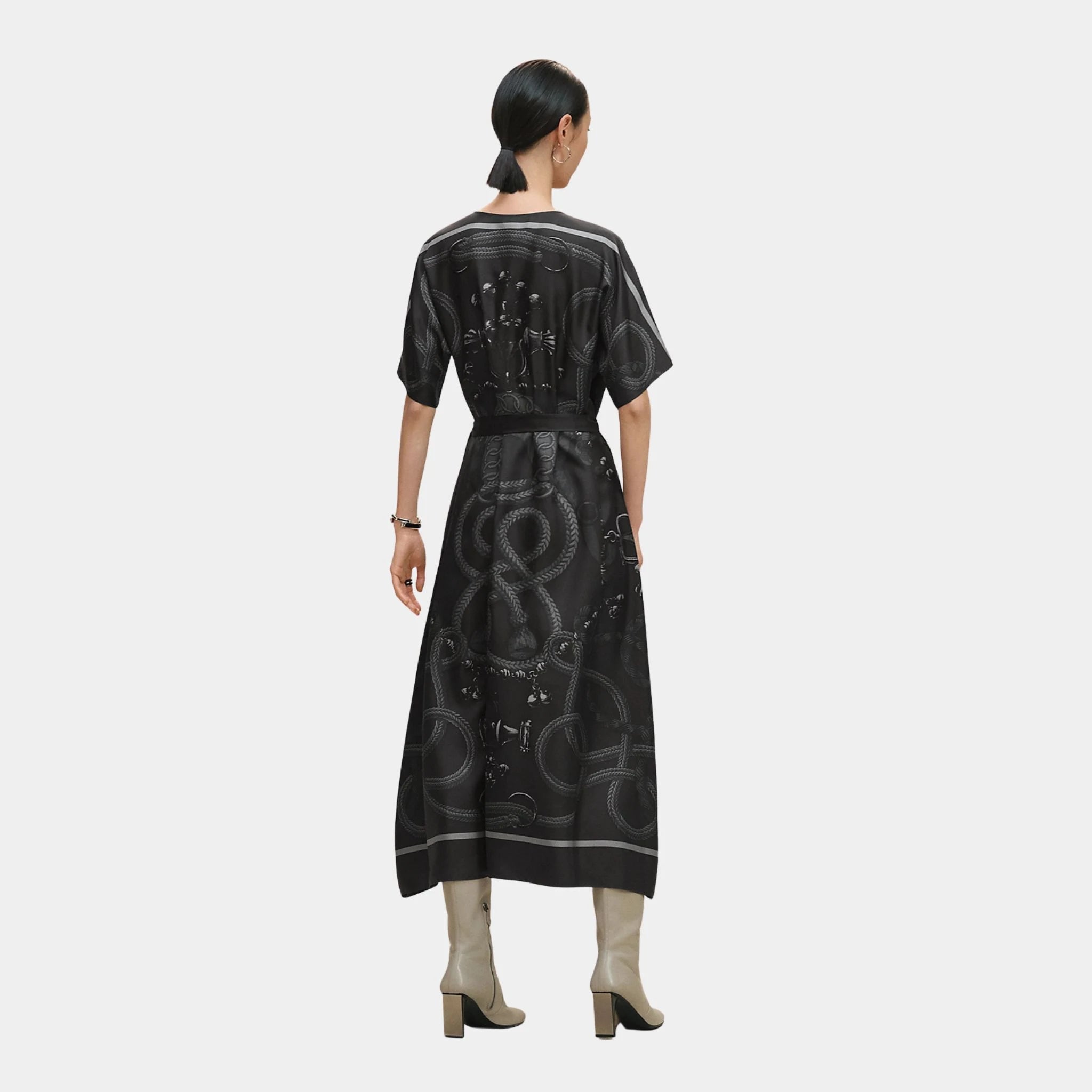 Hermes Caftan in Palefroi Remix Printed Silk, Gris Charbon, Back