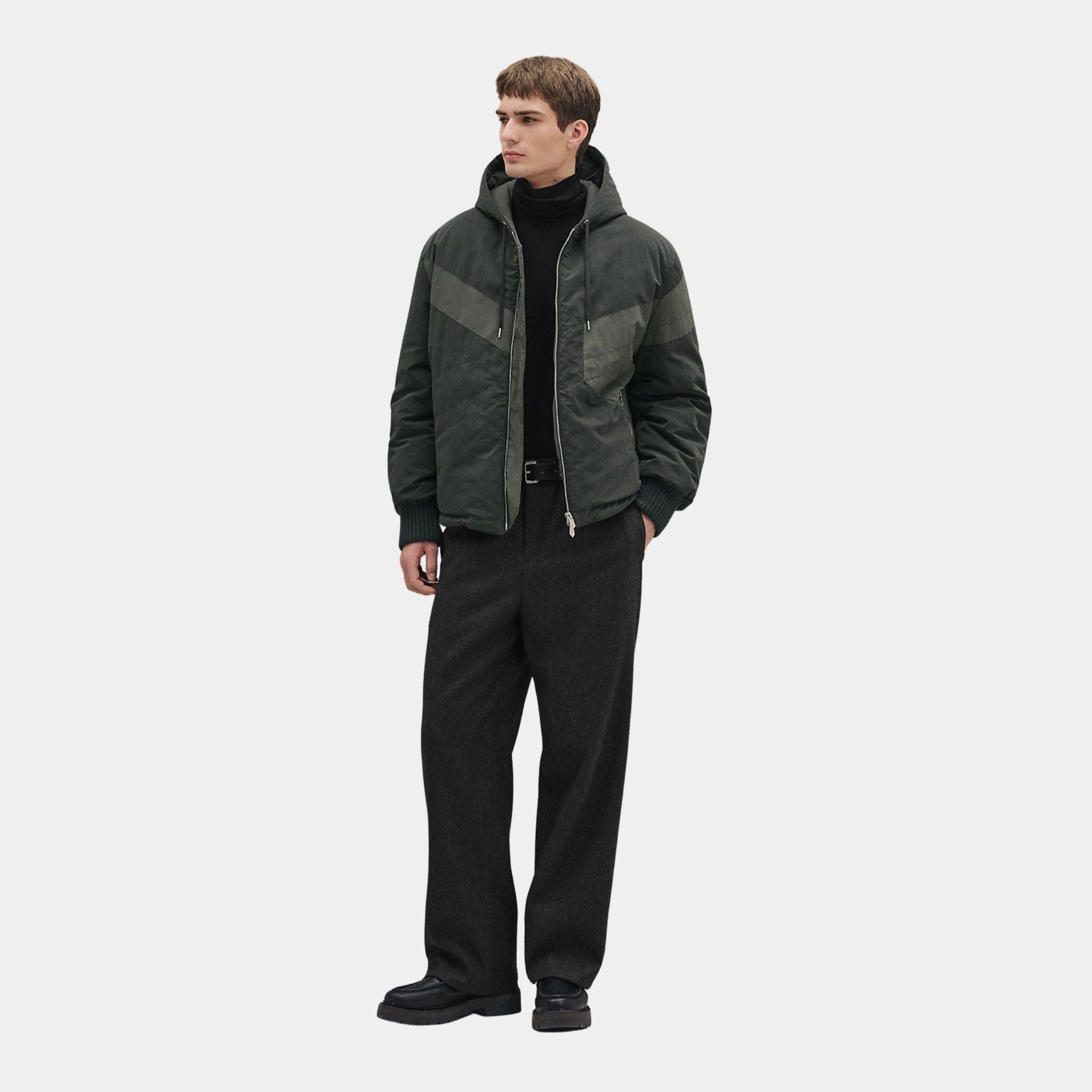 Hermes Casaque Hooded Jacket in Crisp Ripstop, Vert Chrome, Model, Front