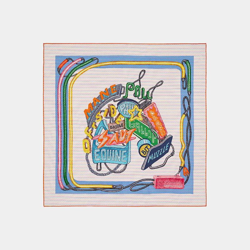 Hermes Chevaloscope Neon scarf 45, White, Bleu, Vert