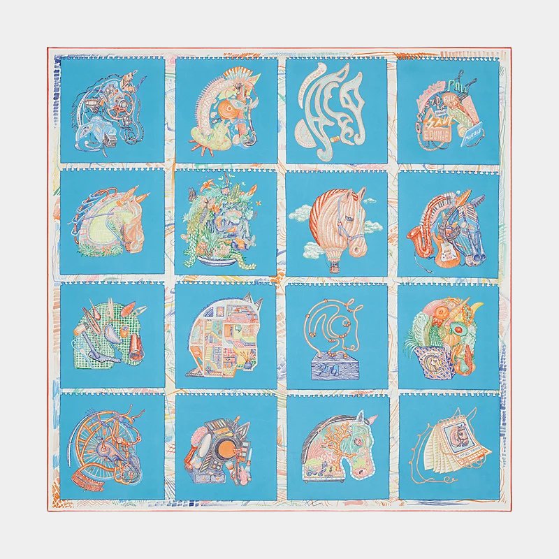Hermes Chevaloscope scarf 90, Bleu, Orange, Multicolor
