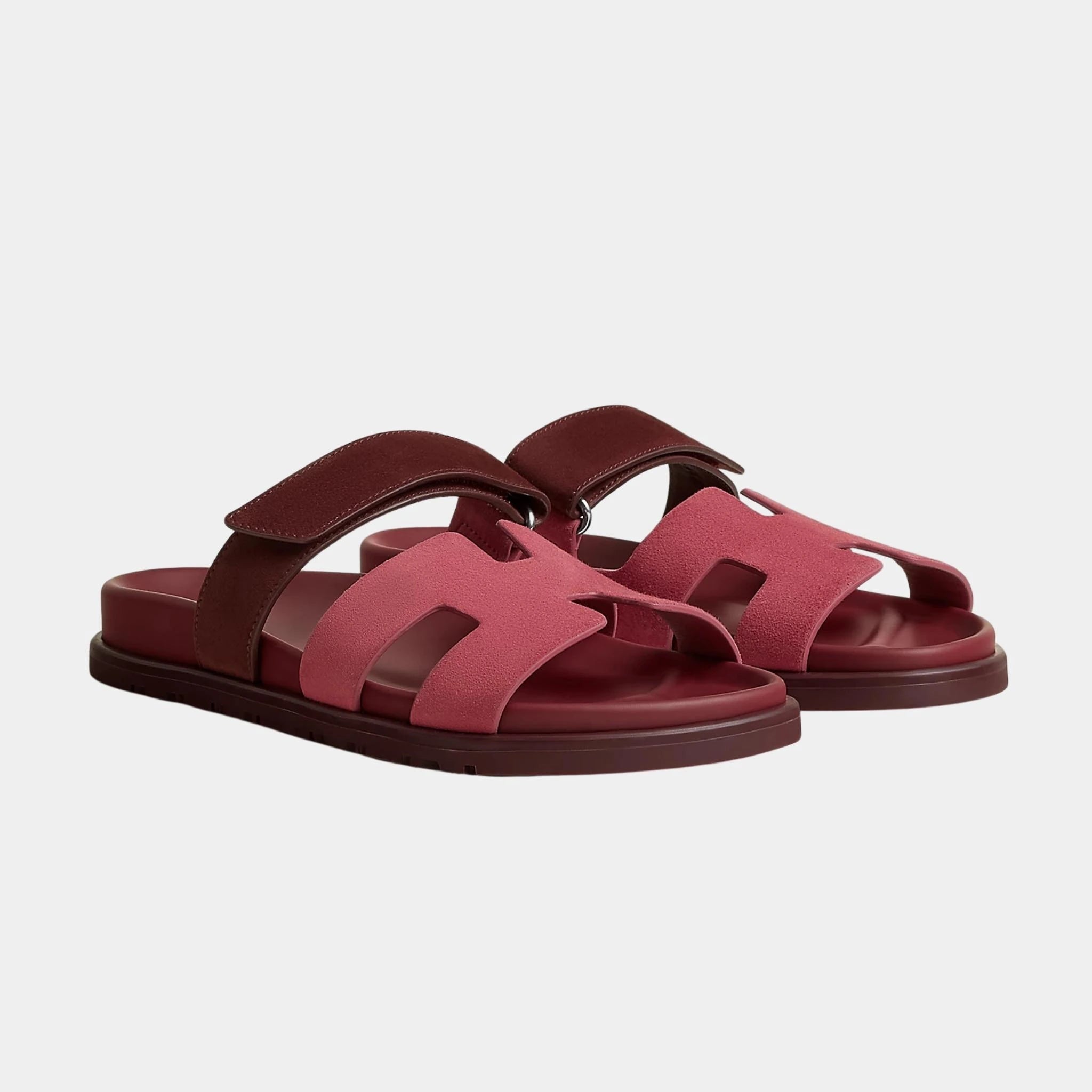 Hermes Chypre Sandal Duo Tone Suede Women, Rose Pinson, Marron Palissandre, Front