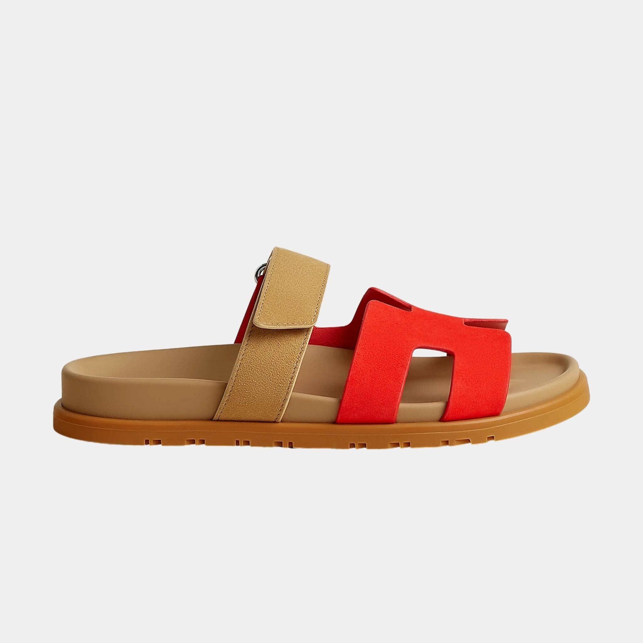 Hermes Chypre Sandal Duo Tone Suede Women, Rouge Grenadine, Beige Albinos, Side