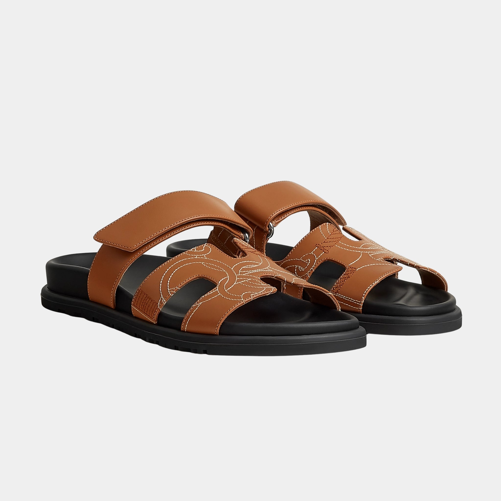 Hermes Chypre Sandal in Panoplie Equestre Embroidered Calfskin, Naturel, Front