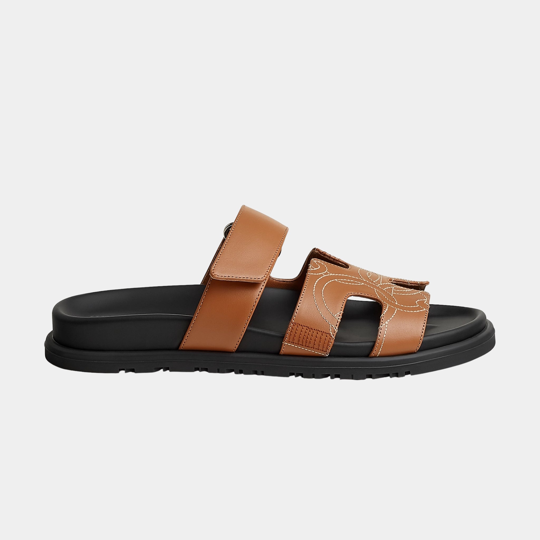 Hermes Chypre Sandal in Panoplie Equestre Embroidered Calfskin, Naturel, Side
