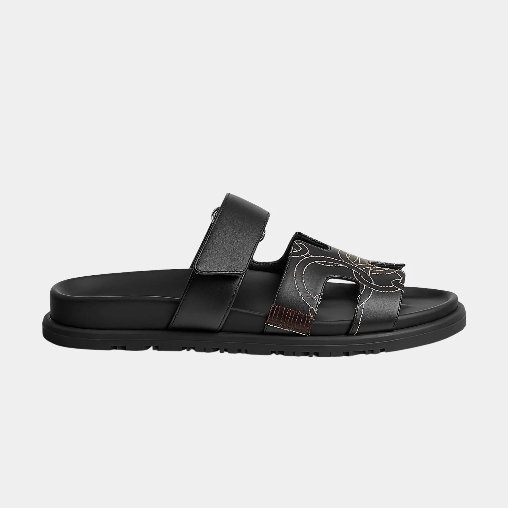 Hermes Chypre Sandal in Panoplie Equestre Embroidered Calfskin, Noir, Side