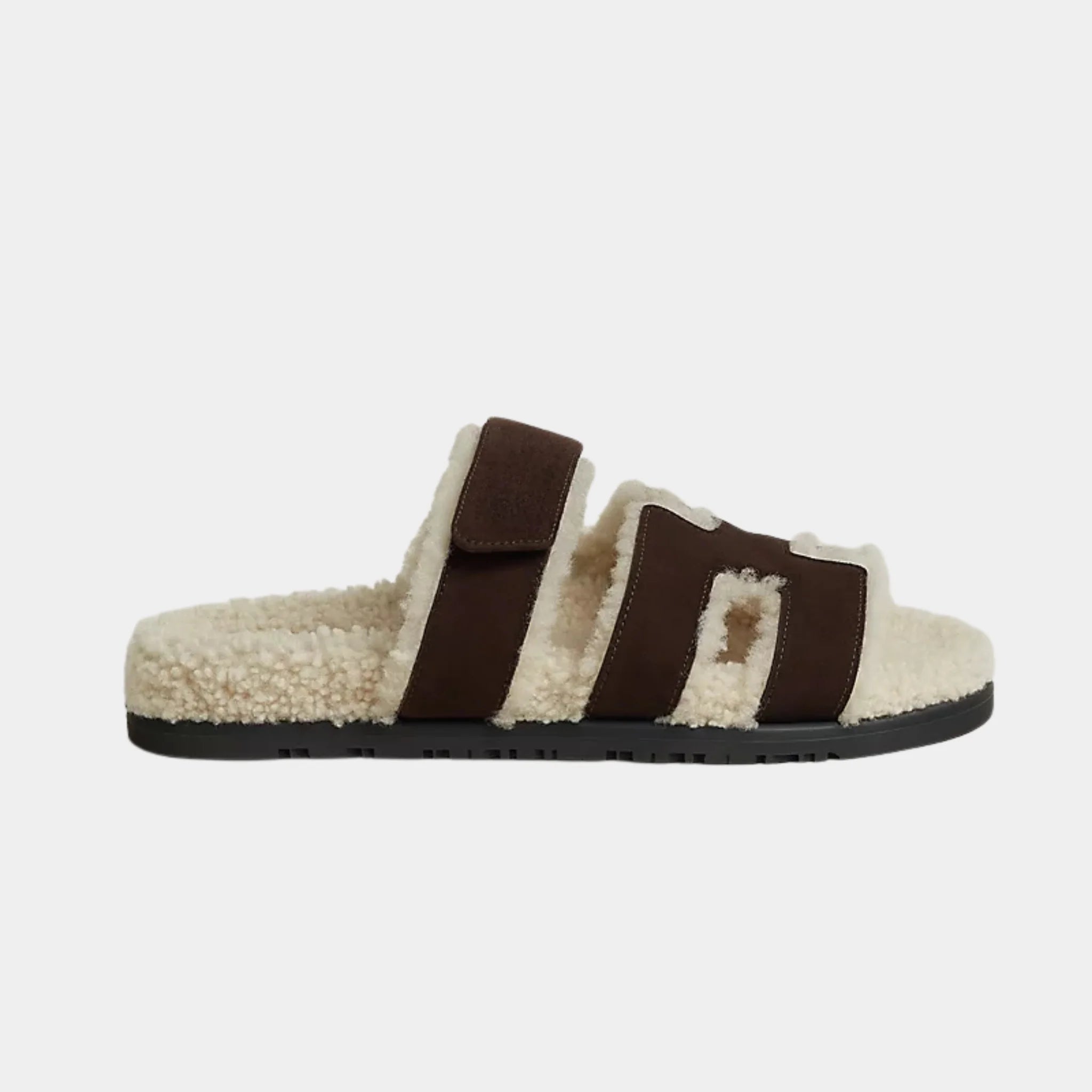 Hermes Chypre Sandal Suede With Shearling Women, Marron Ebene, Ecru, Side