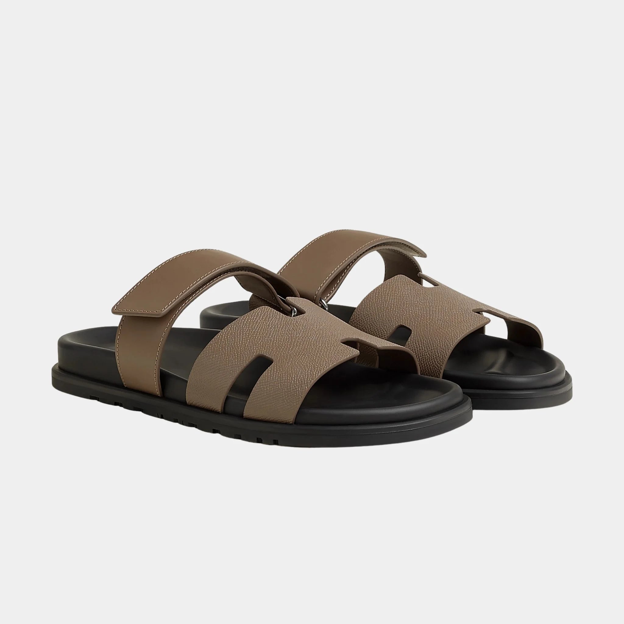 Hermes Chypre Sandals Calfskin and Epsom Men, Etoupe, Front