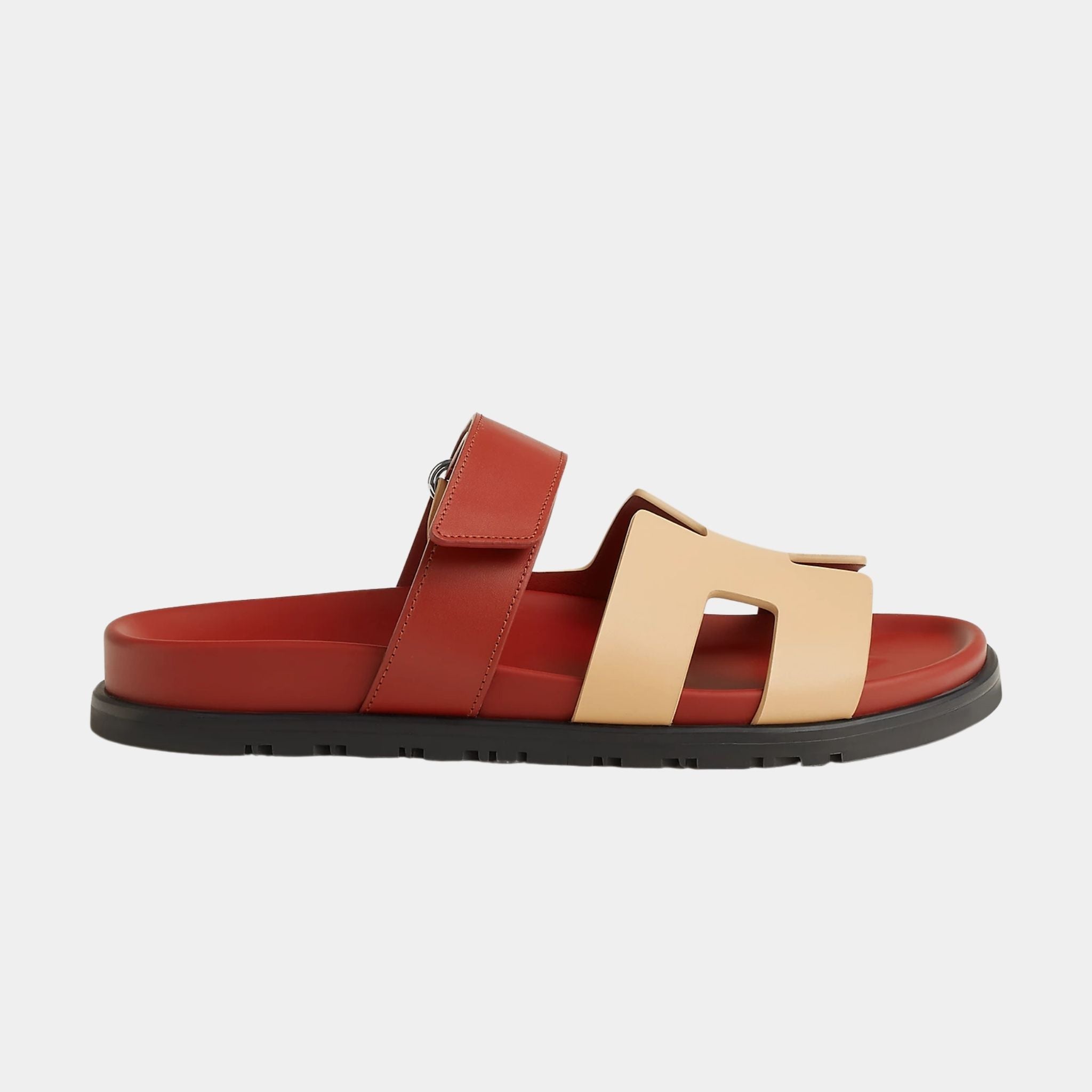 Hermes Chypre Sandals Duo Tone Calfskin Women, Jaune Malawi, Rouge Sanguine, Side