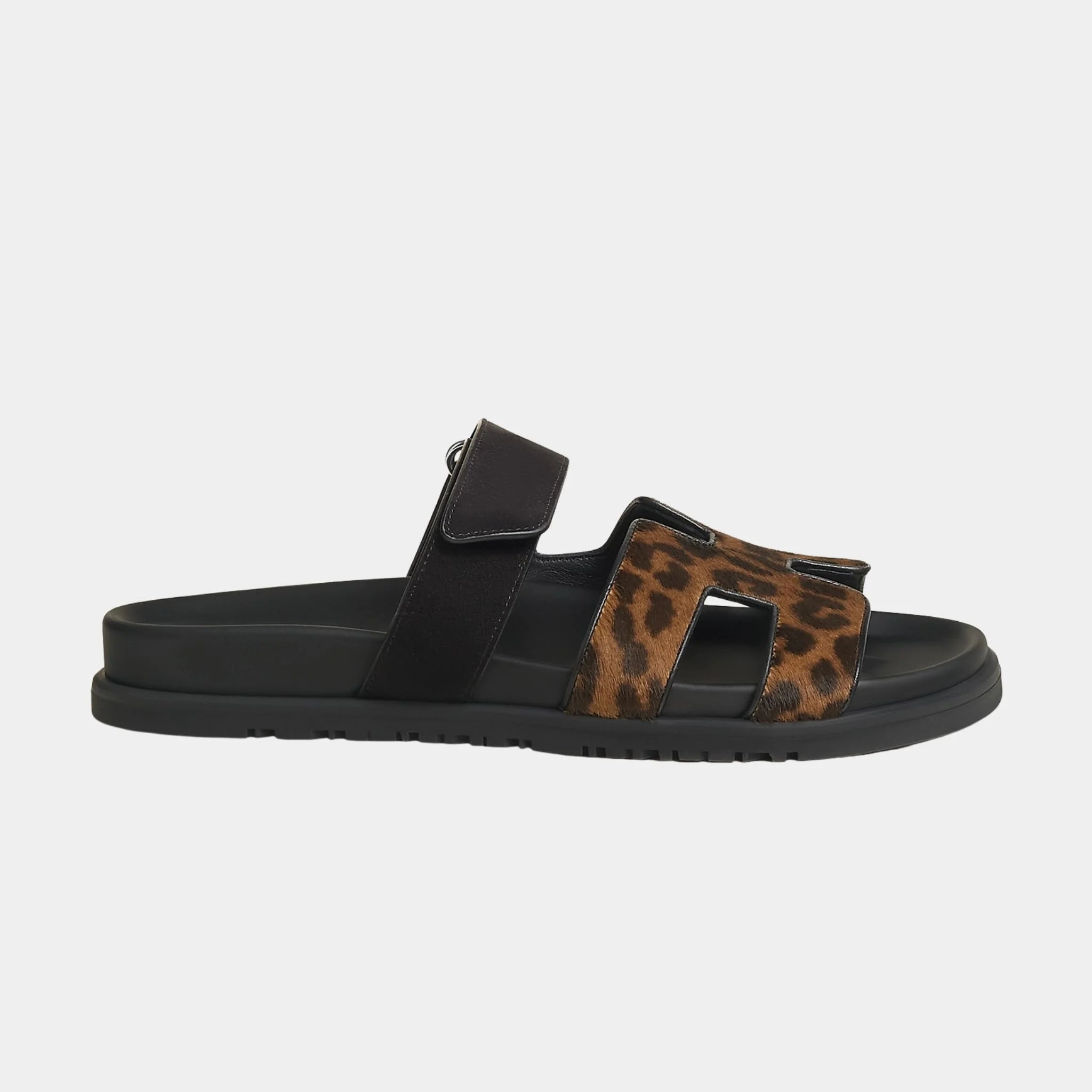 Hermes Chypre Sandals in Moire Calfskin and Suede Goatskin, Gold, Noir, Side