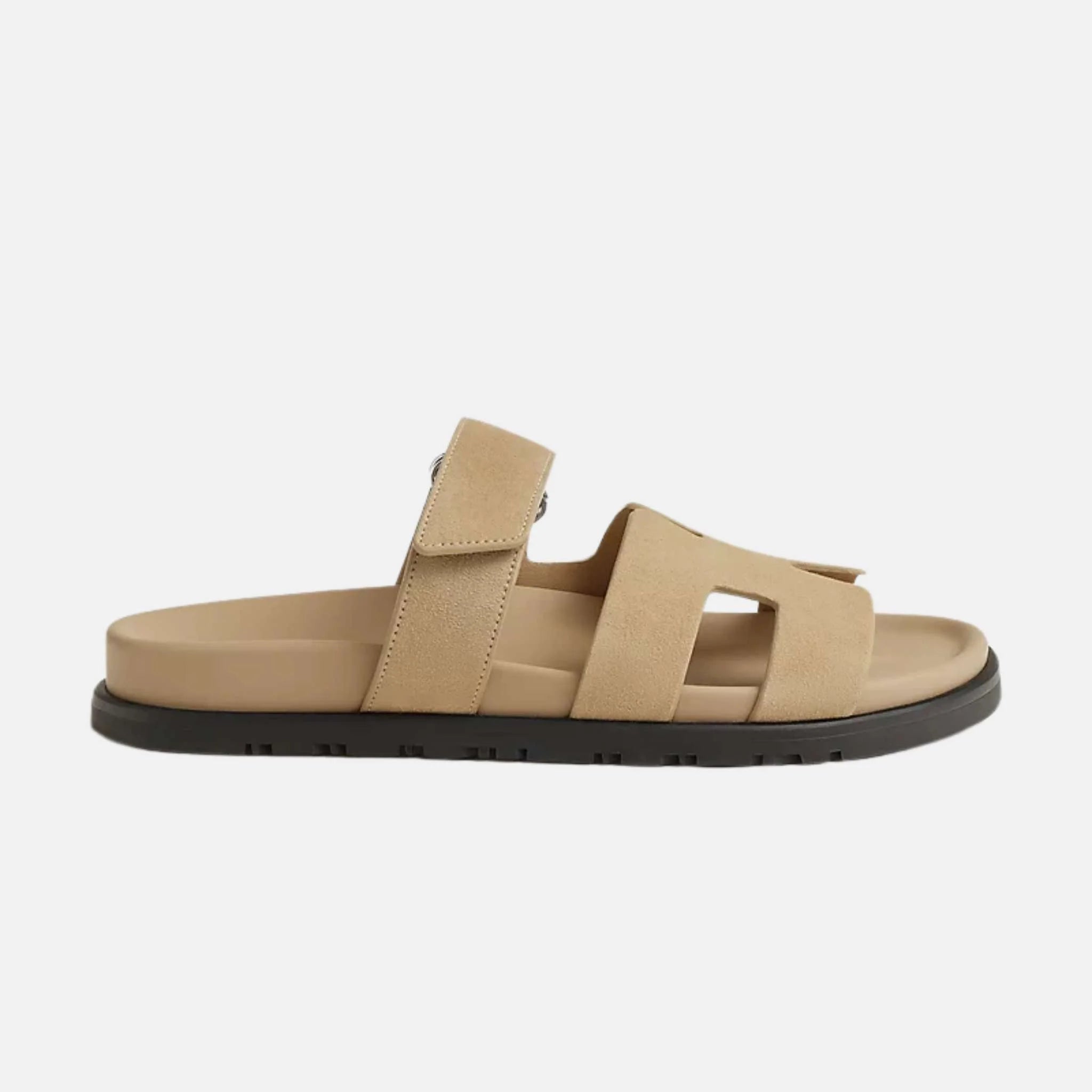 Hermes Chypre Sandals Suede Goatskin Women, Beige Lin, Side