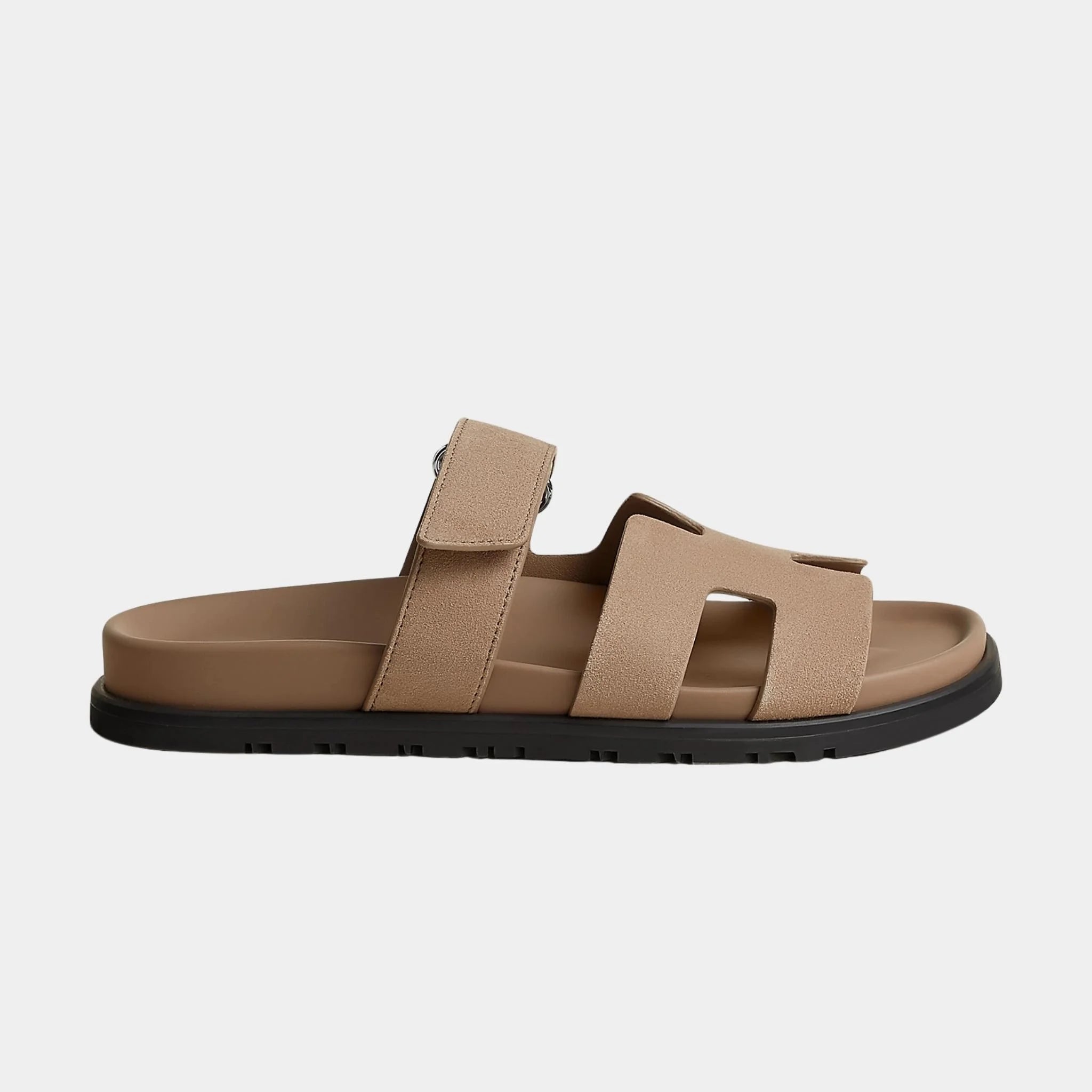 Hermes Chypre Sandals Suede Goatskin Women, Beige Sable, Side
