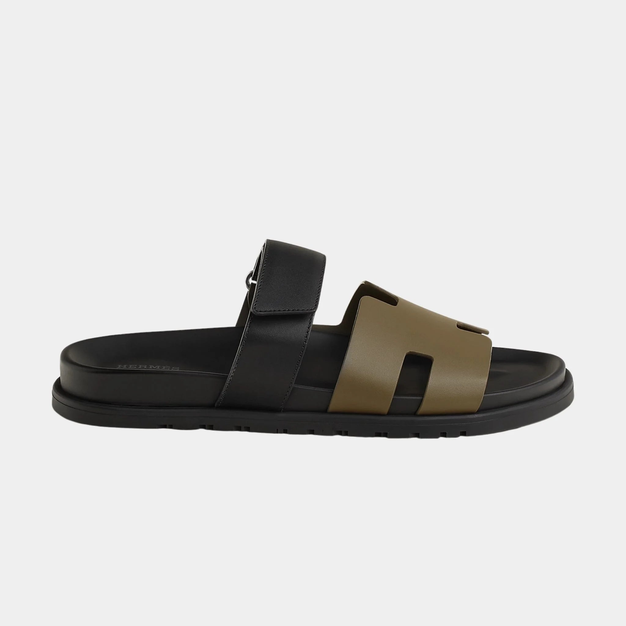 Hermes Chypre Sandals Two Tone Calfskin Men, Vert Toundra, Noir, Side