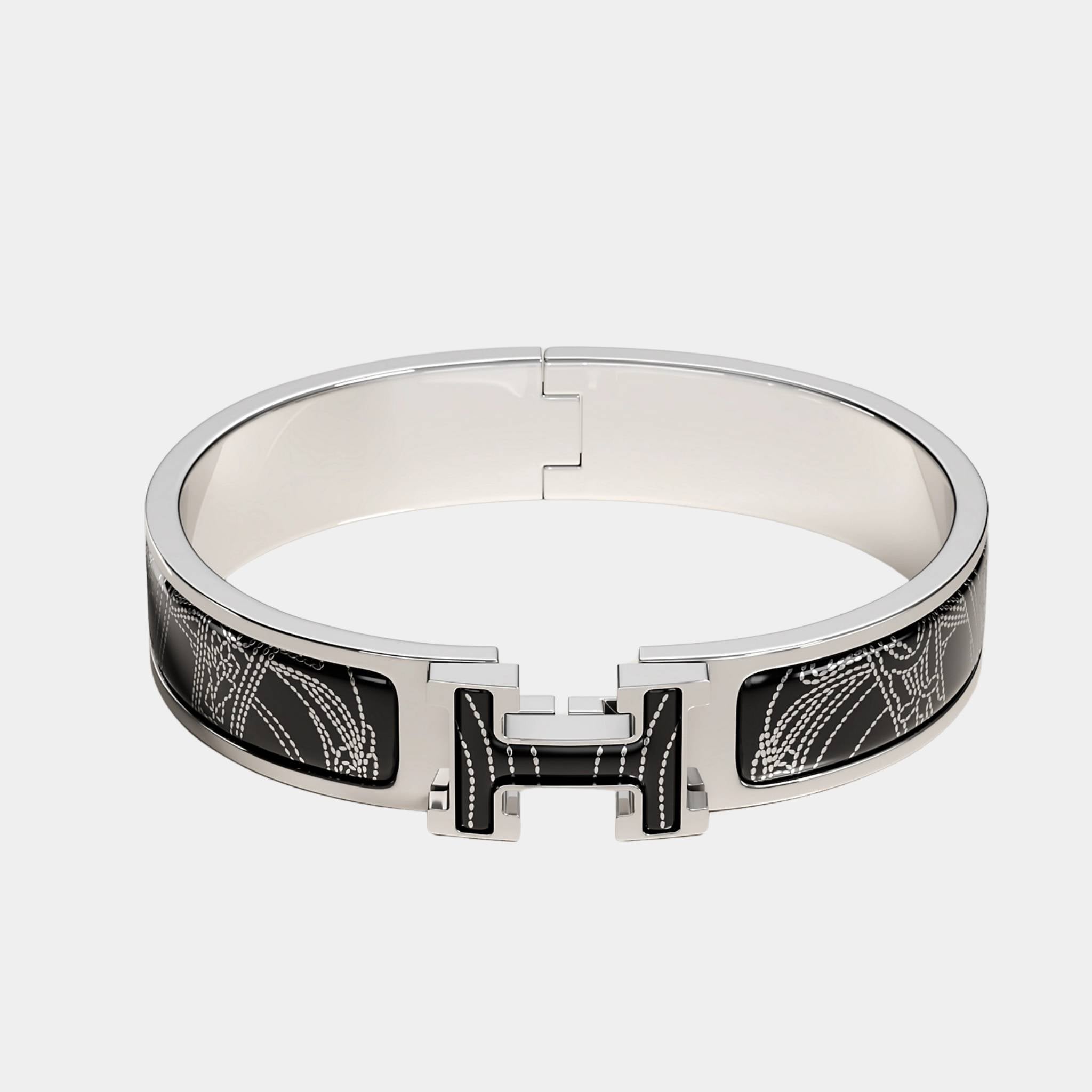 Hermes Clic H Brides de Gala Applique Pique Bracelet Palladium Plated, Platine, Noir
