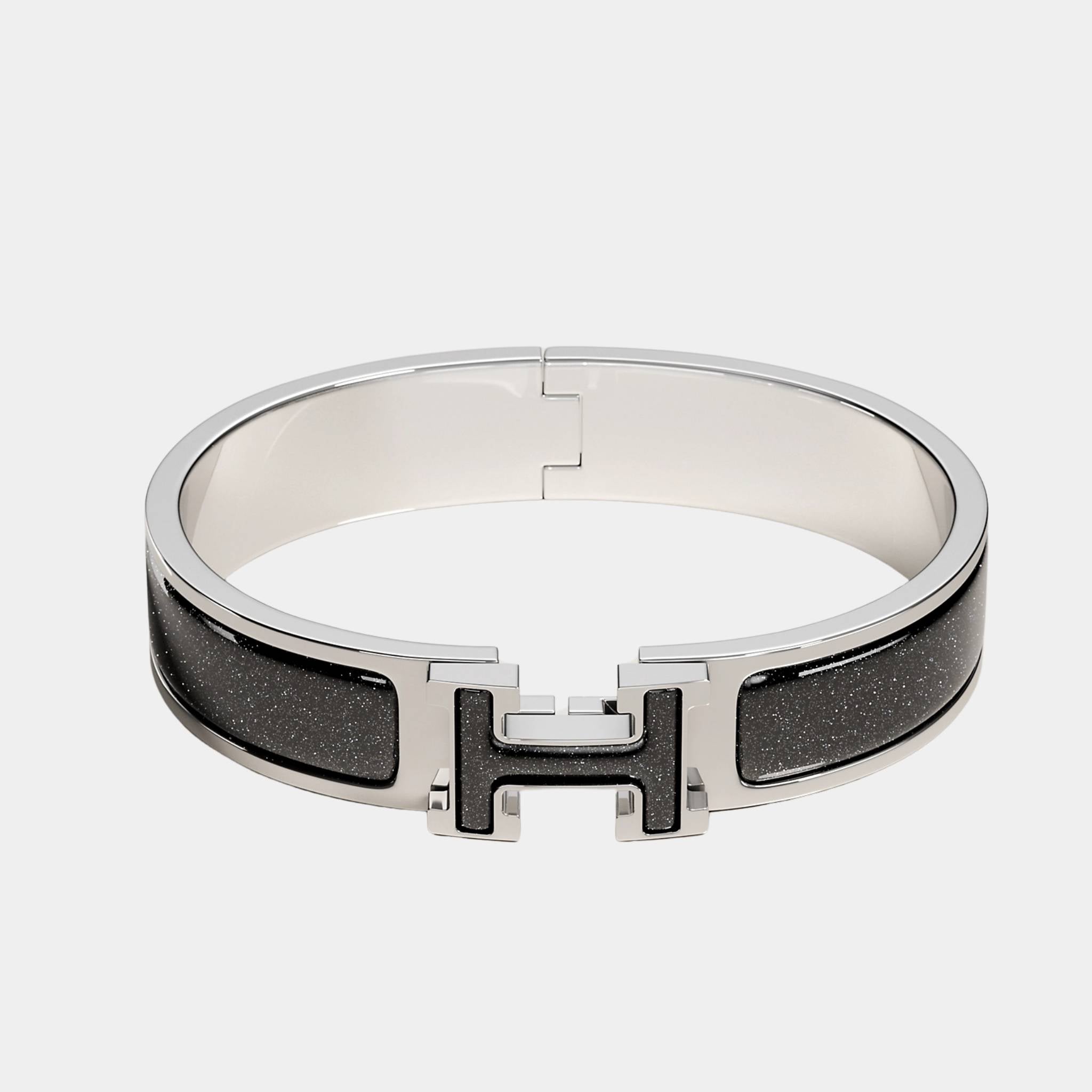 Hermes Clic H Glitter Narrow Bracelet Palladium Plated, Front