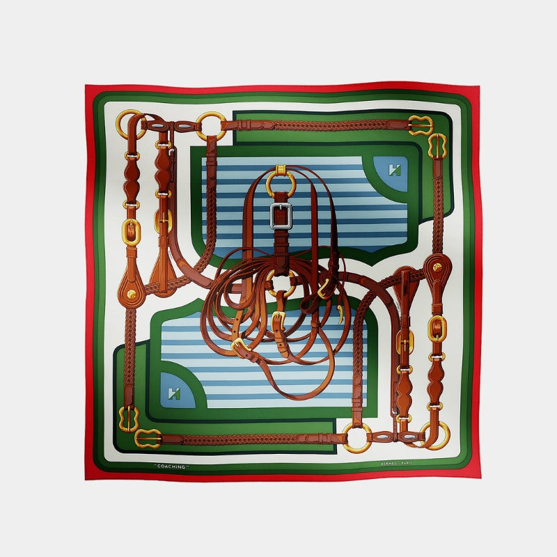Hermes Coaching forever scarf 90, Rouge, Vert, Blanc, Front