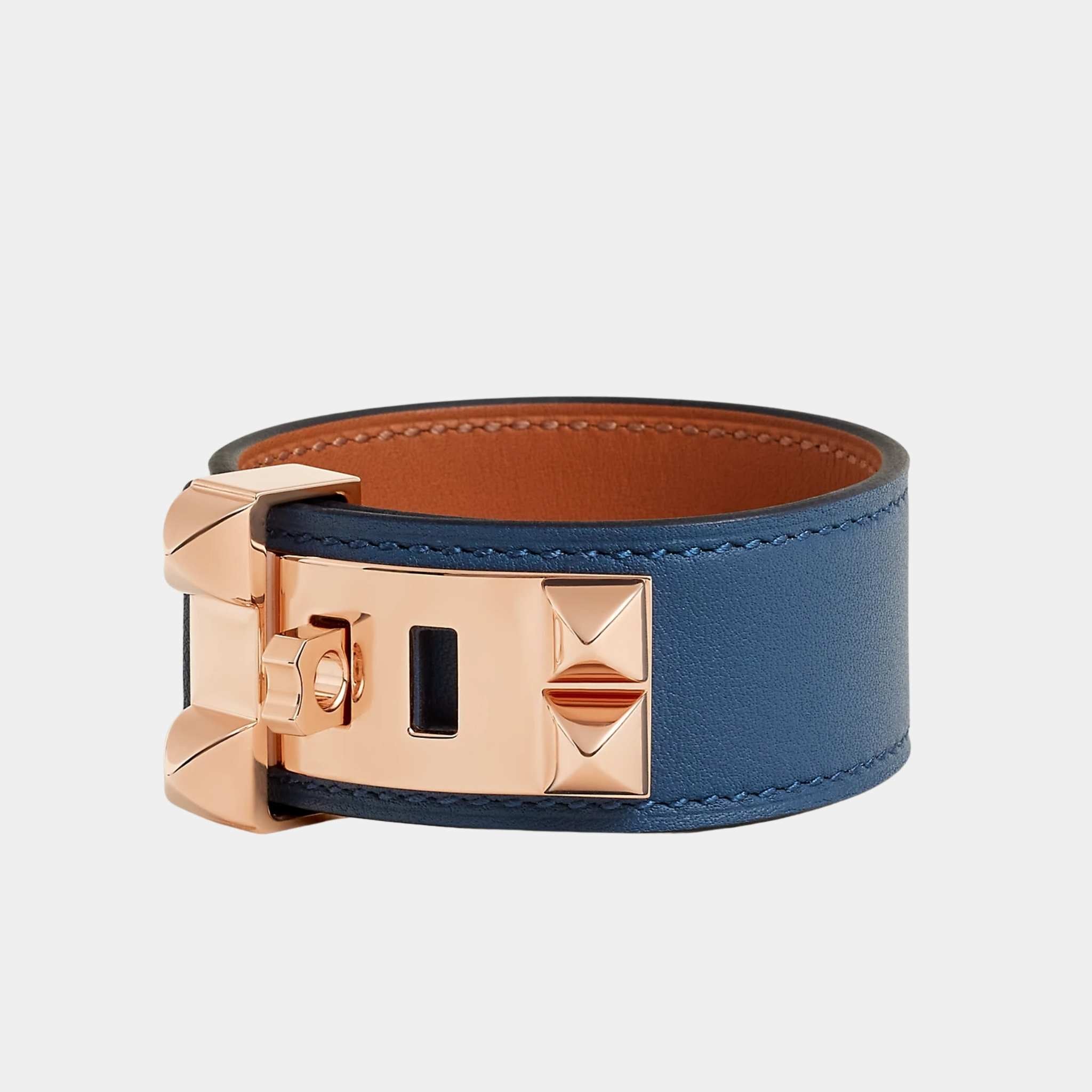 Hermes Collier de Chien 24 Bracelet Swift Calfskin Rose Gold Platedb, Bleu Tie
