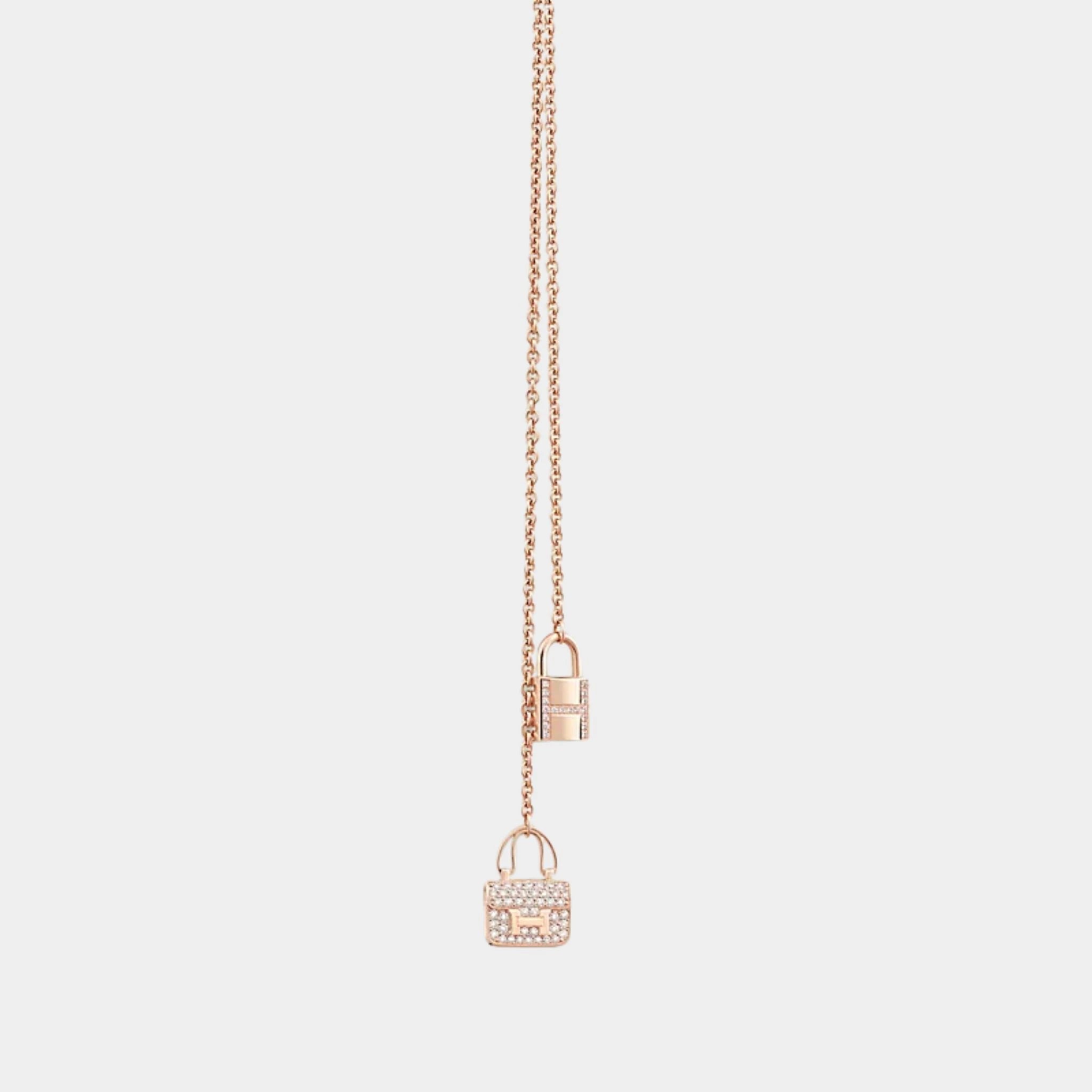 Hermes Constance Amulets Necklace Rose Gold - Diamonds, Closeup