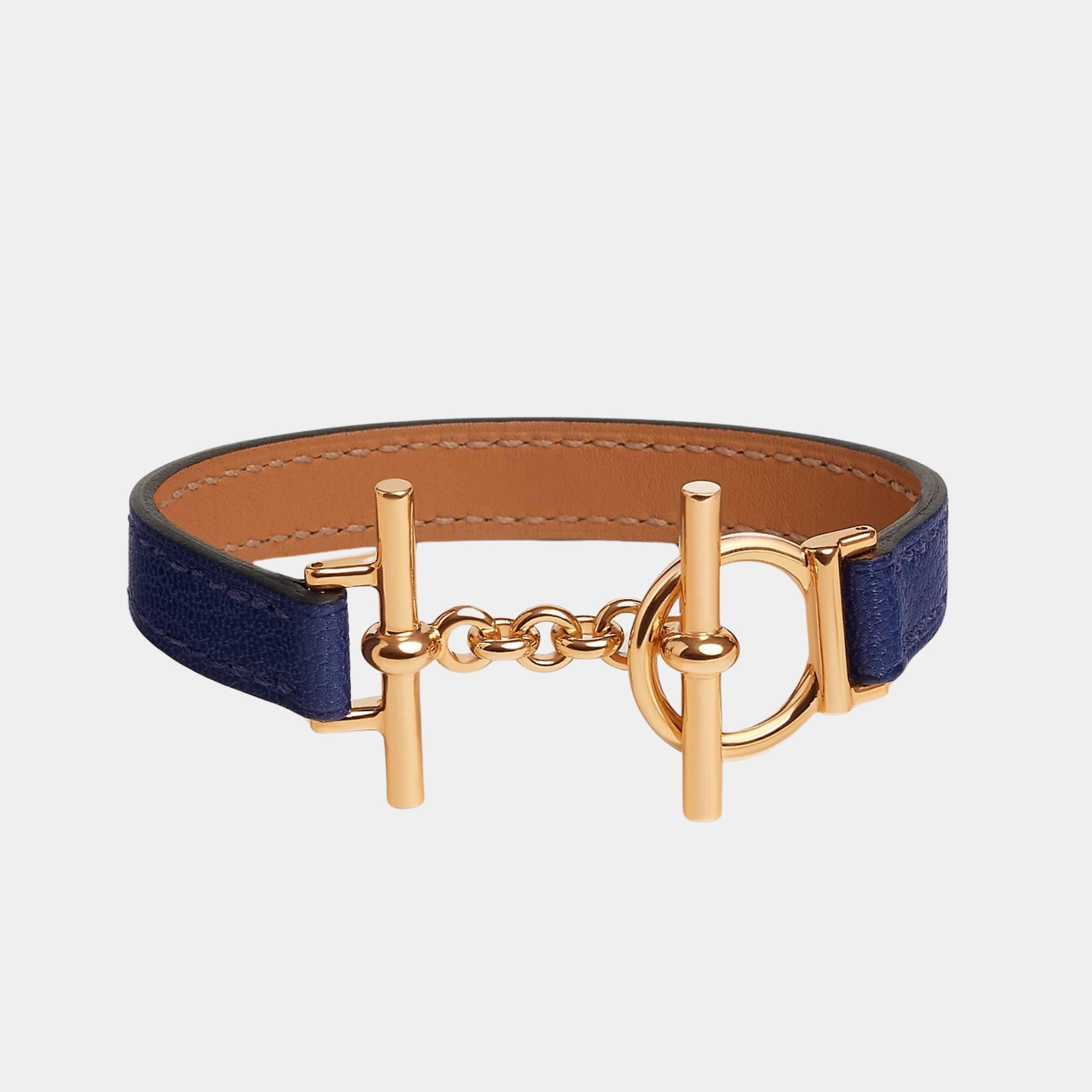 Hermes Croisiere Simple Tour Bracelet Chamkila Goatskin Gold Plated, Bleu Saphir