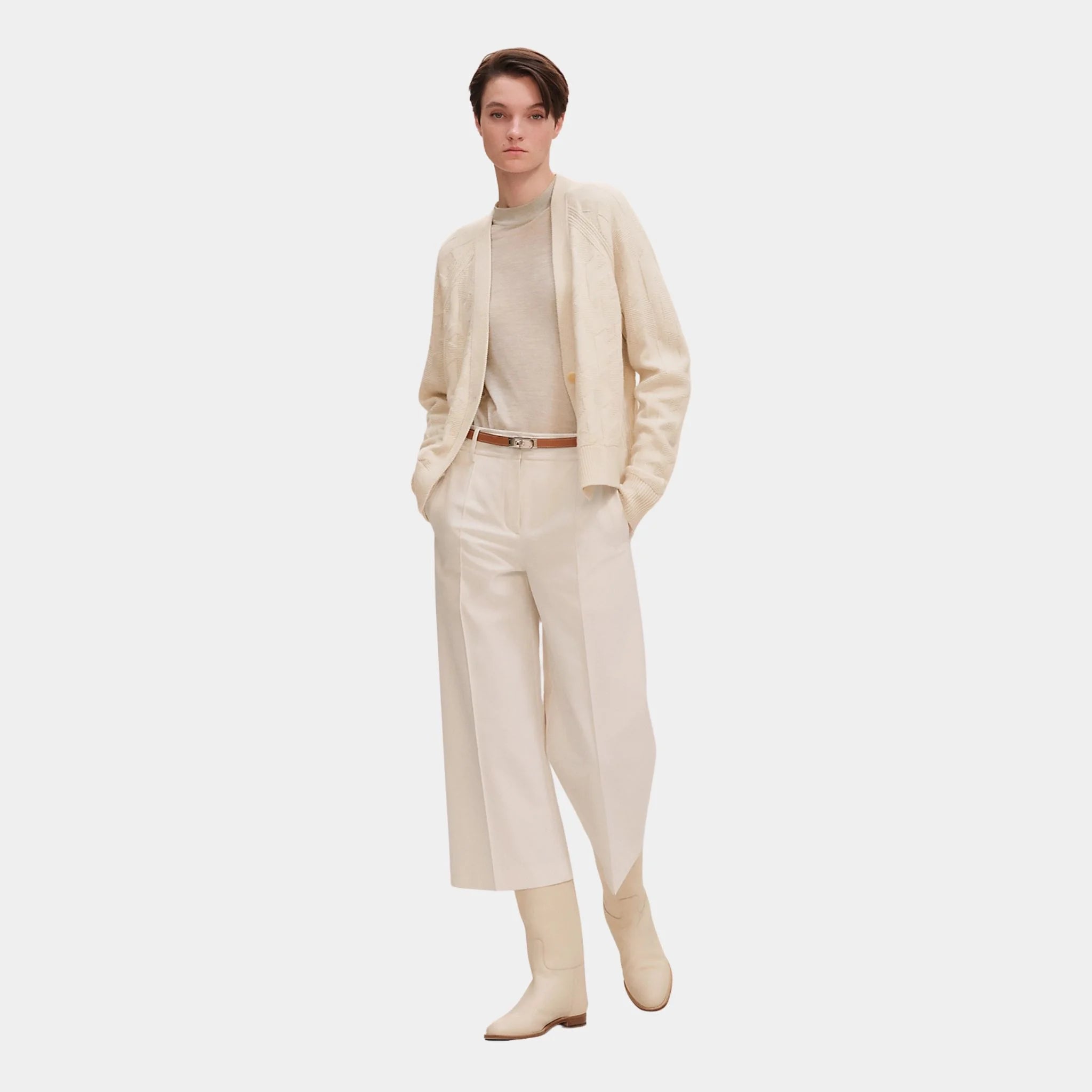 Hermes Cropped Pants in Double Stretch Cotton Twill, Blanc Naturel, Front