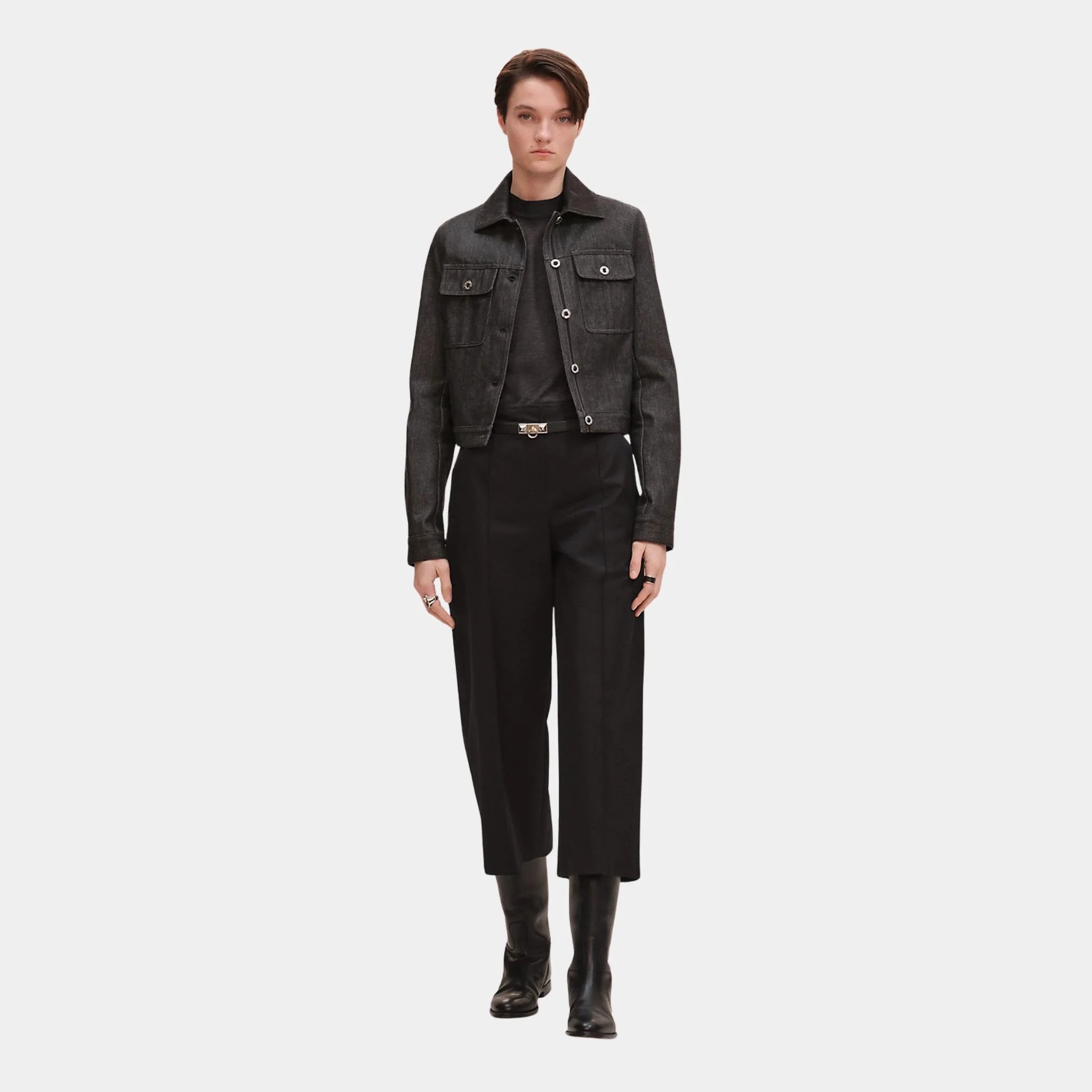 Hermes Cropped Pants in Double Stretch Cotton Twill, Noir, Front