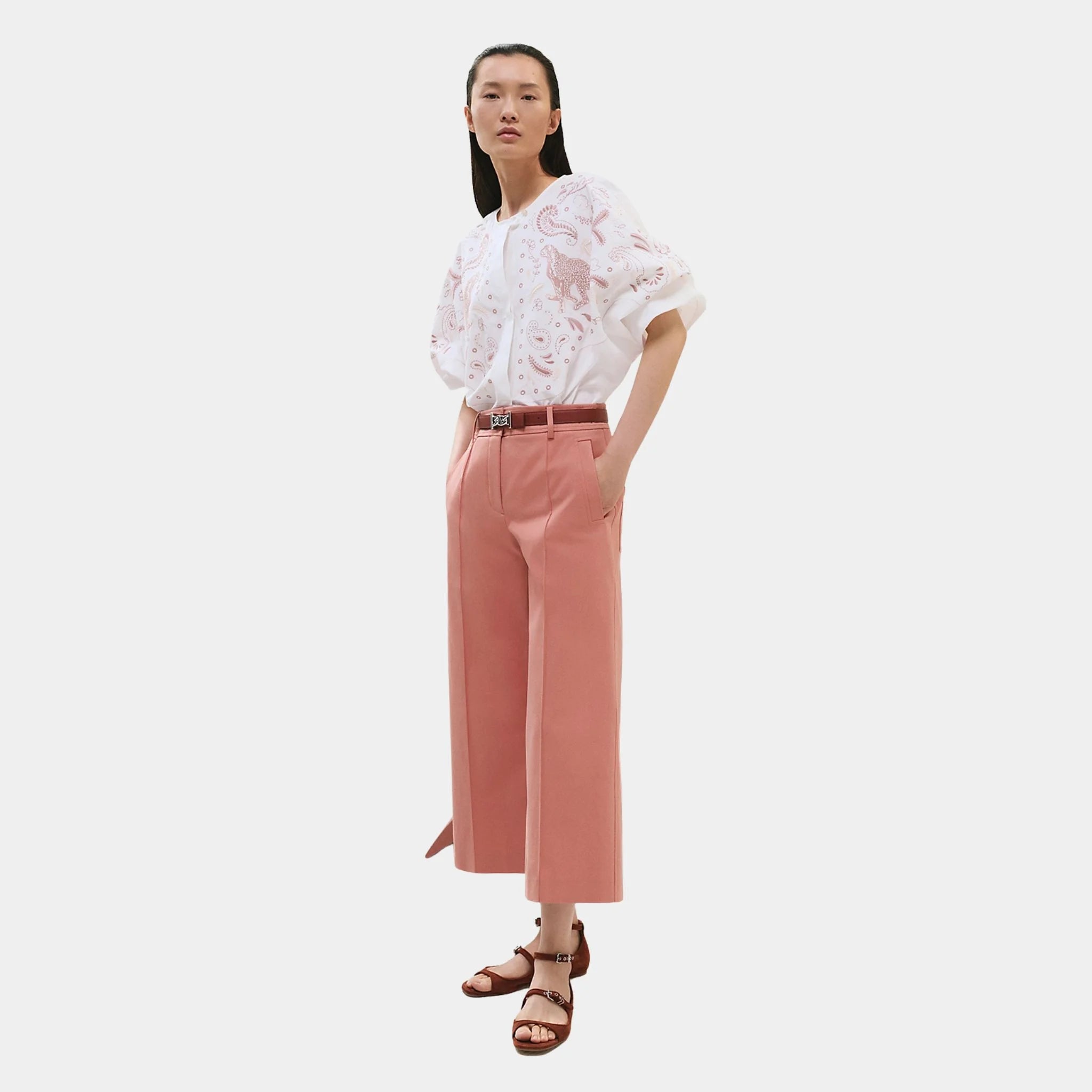Hermes Cropped Pants in Double Stretch Cotton Twill, Rose Bubinga, Front