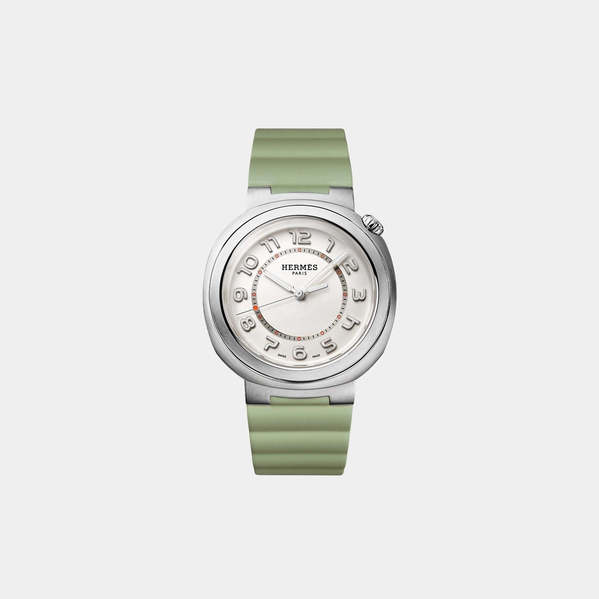 Hermes Cut 36 mm Steel Watch With Cricket Green Rubber Strap, Front