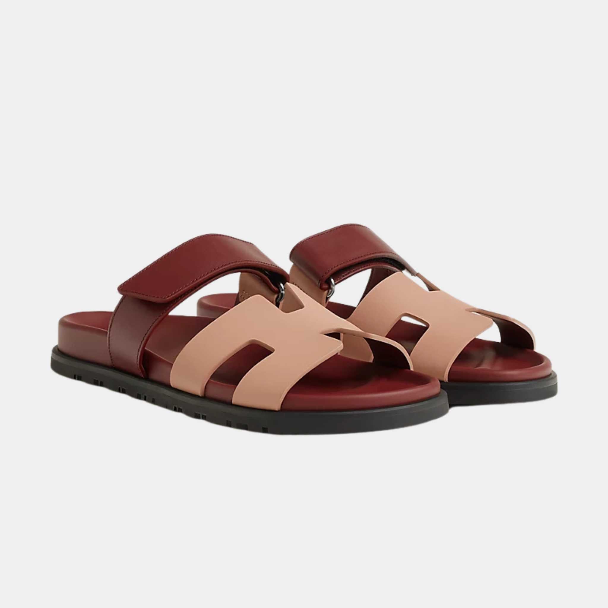 Hermes Chypre Sandals Duo Tone Calfskin Women, Peige Perlino, Red H, Front