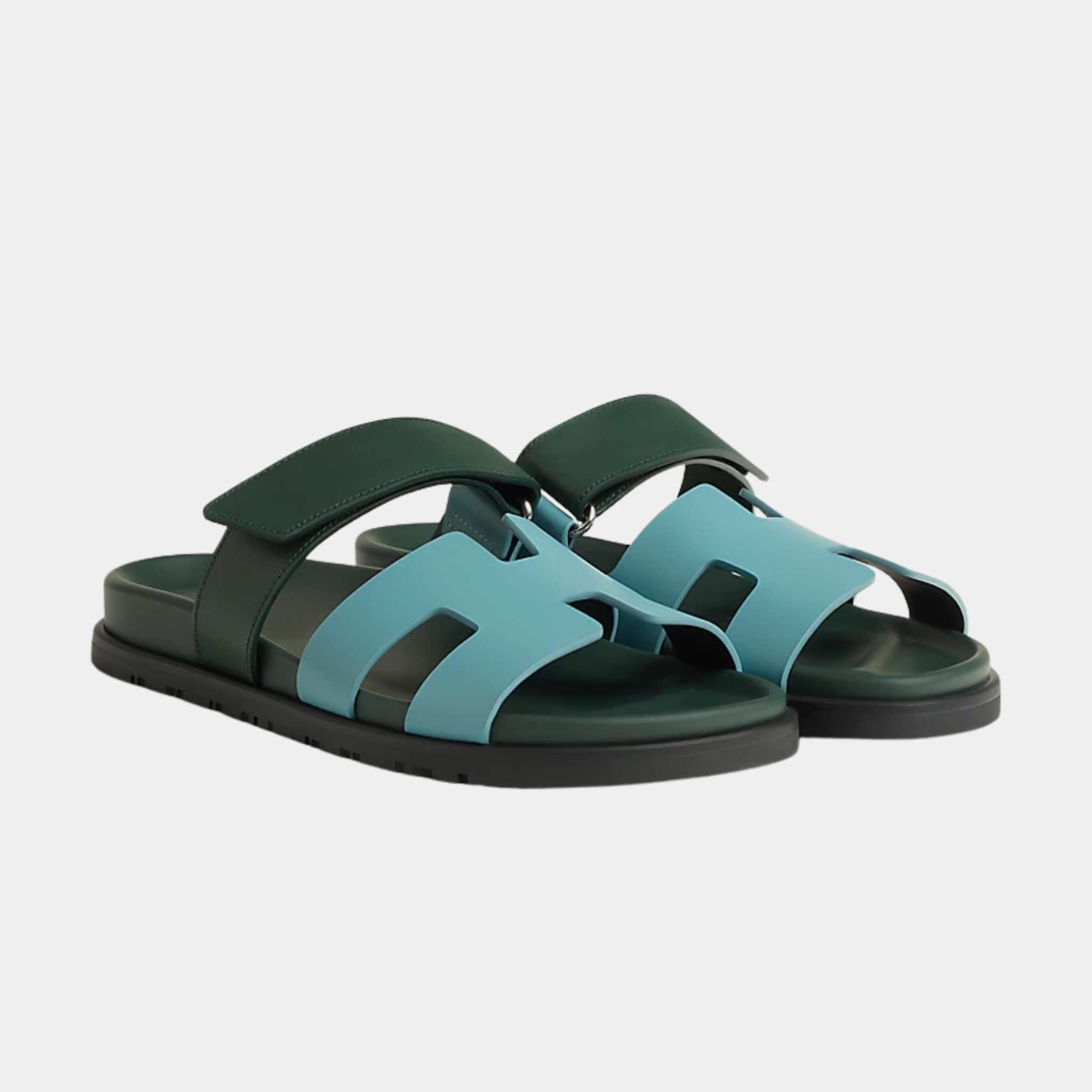 Hermes Chypre Sandals Duo Tone Calfskin Women, City Blue, Bottle Green, Front