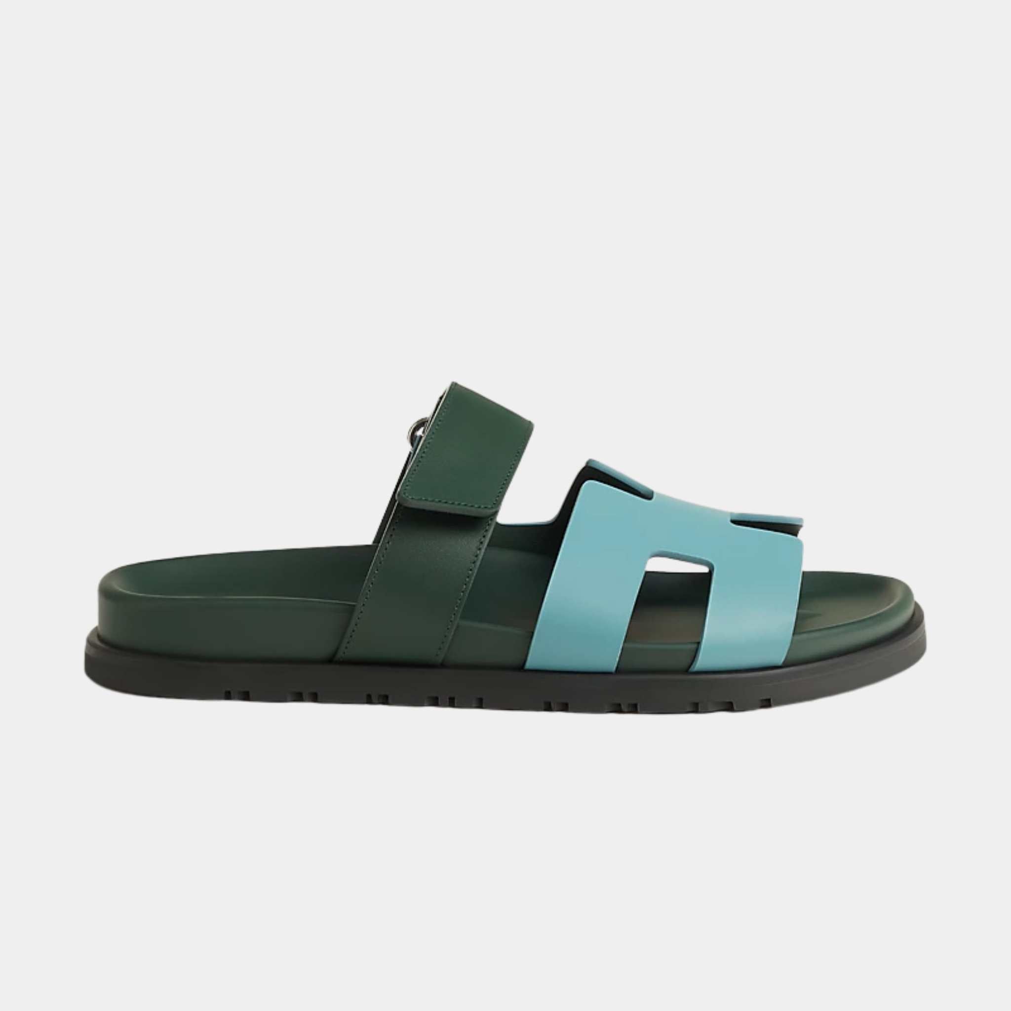 Hermes Chypre Sandals Duo Tone Calfskin Women, City Blue, Bottle Green, Side