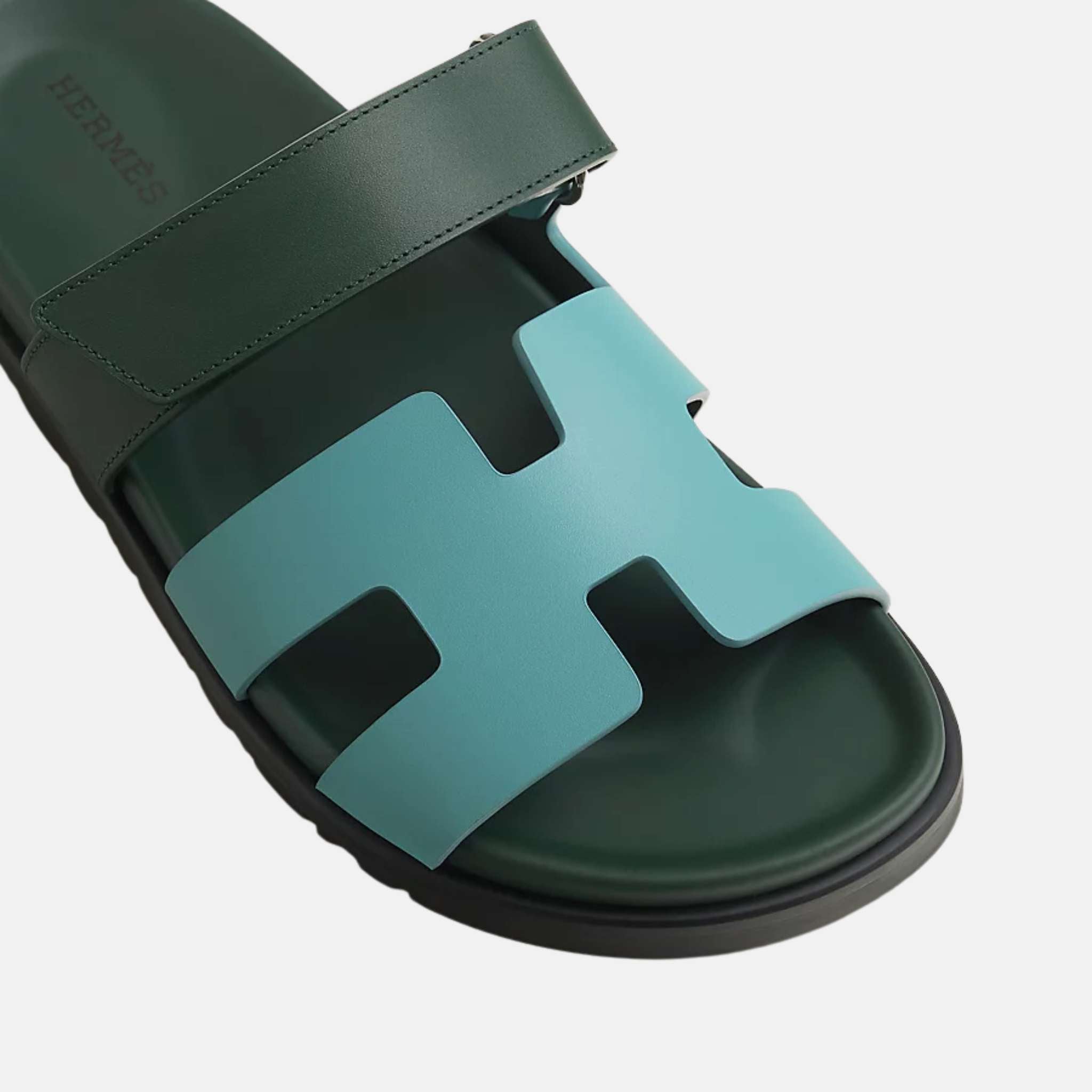 Hermes Chypre Sandals Duo Tone Calfskin Women, City Blue, Bottle Green, Top