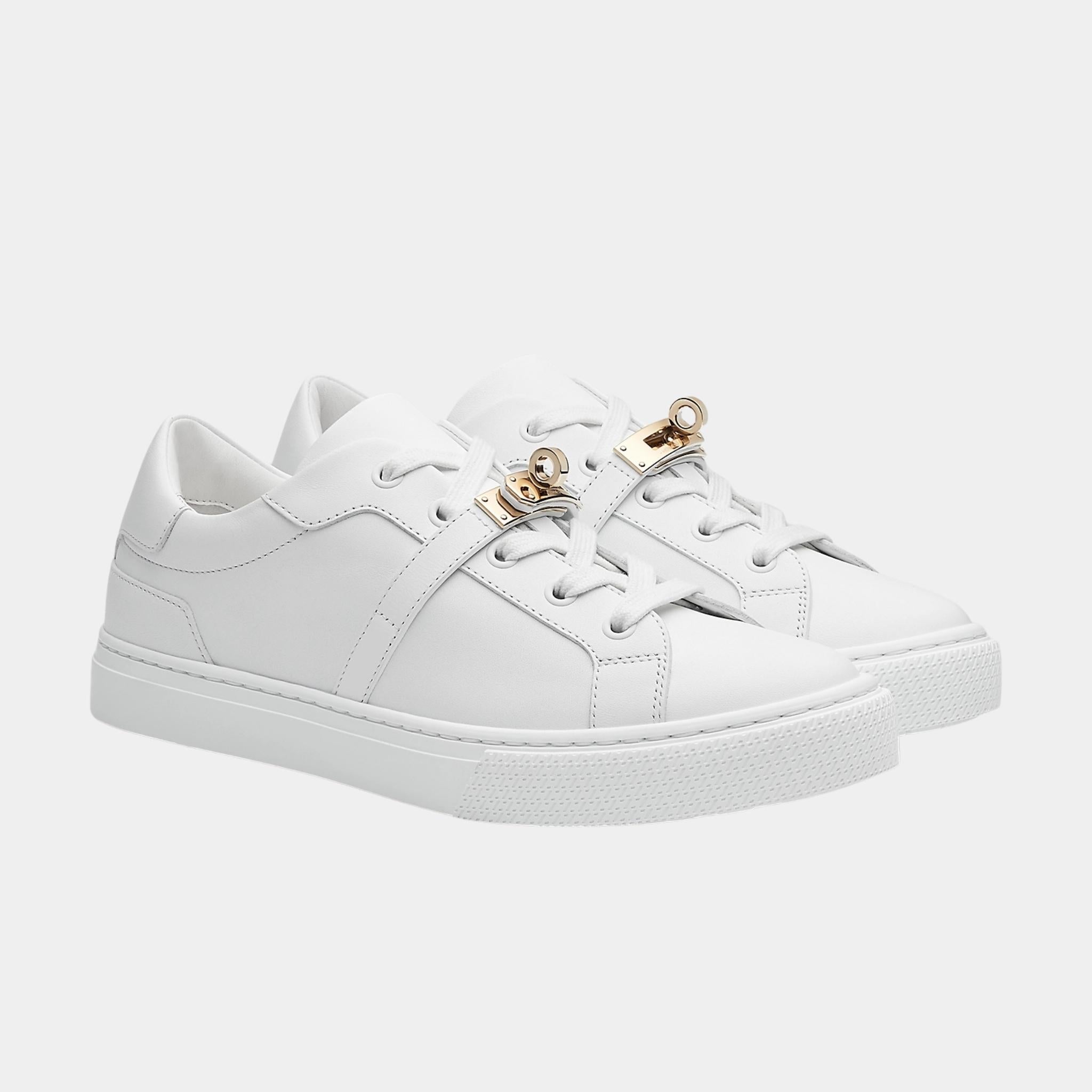 Hermes Day Sneaker in Calfskin with Permabrass Plated Buckle, Blanc, Front