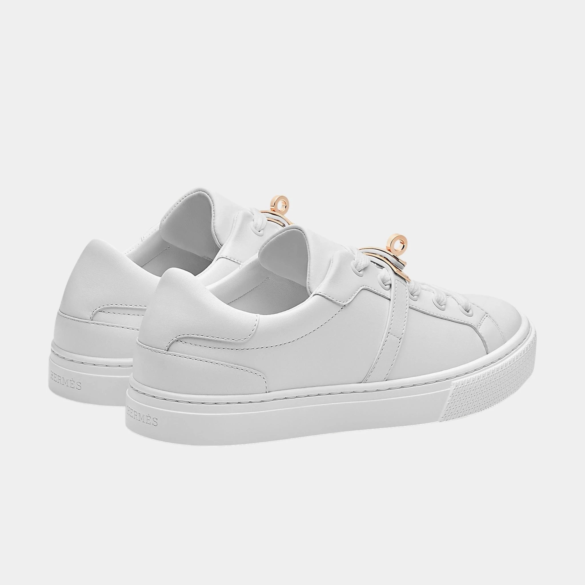 Hermes Day Sneaker in Calfskin with Rose Gold Plated Buckle, Blanc, Back