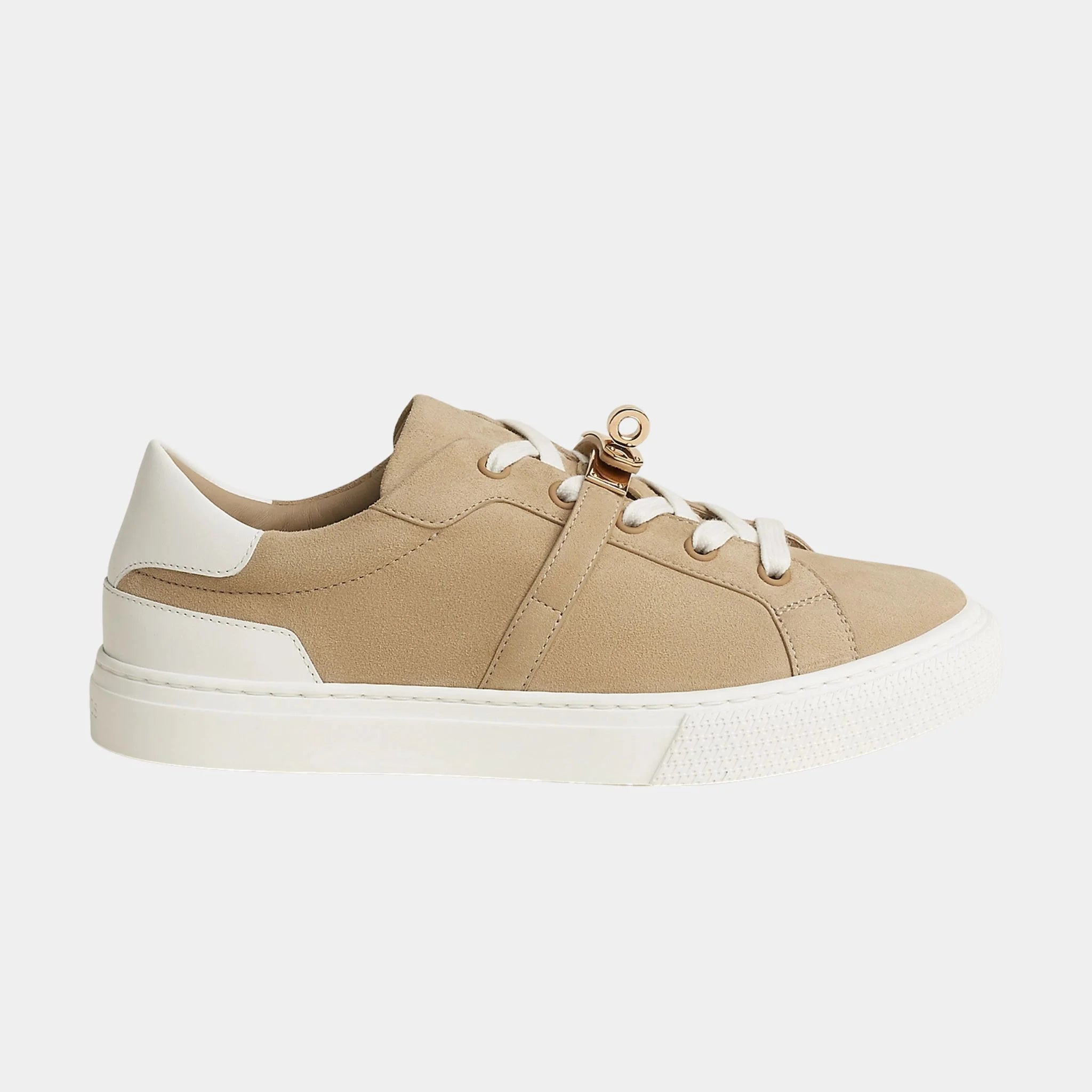 Hermes Day Sneakers in Calfskin and Suede Goatskin, Beige Lin, Blanc, Side