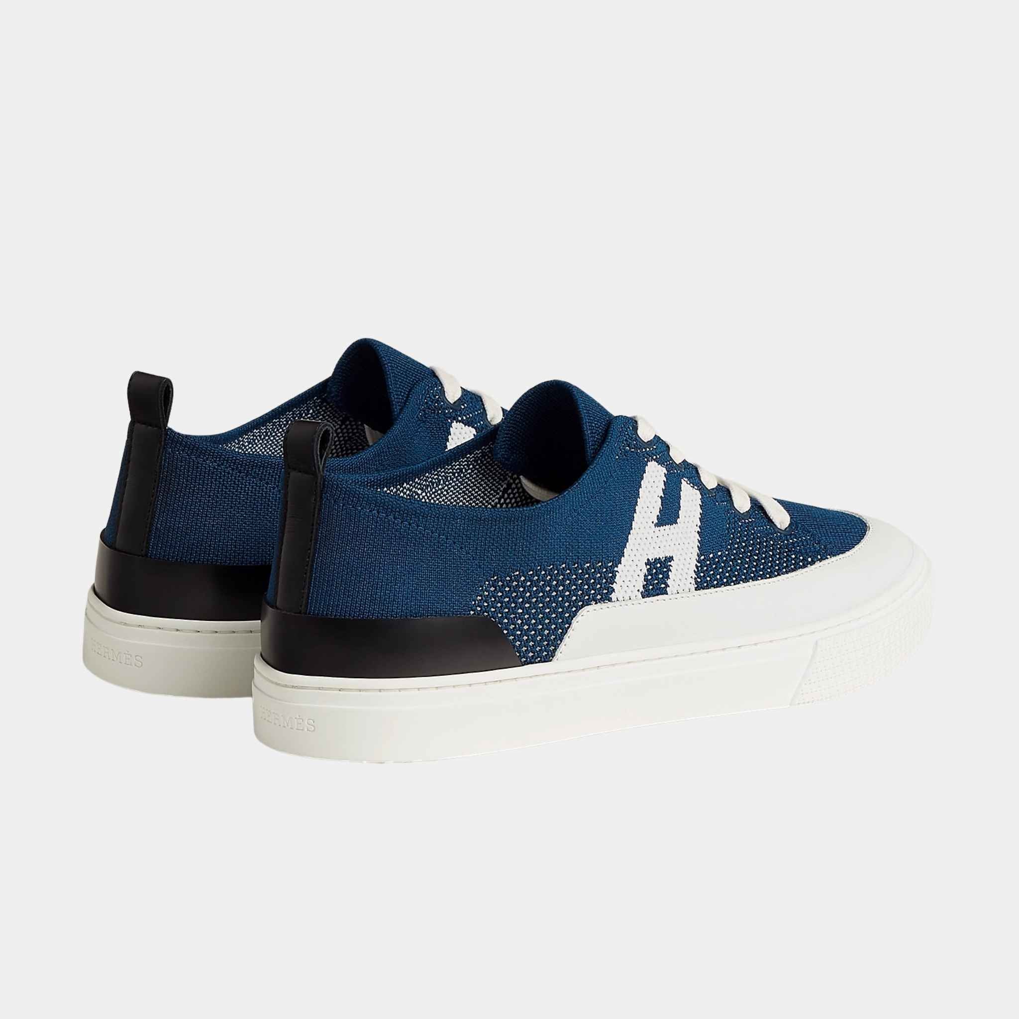 Hermes Deep Sneaker in Knit and Calfskin, Bleu Celeste, Back