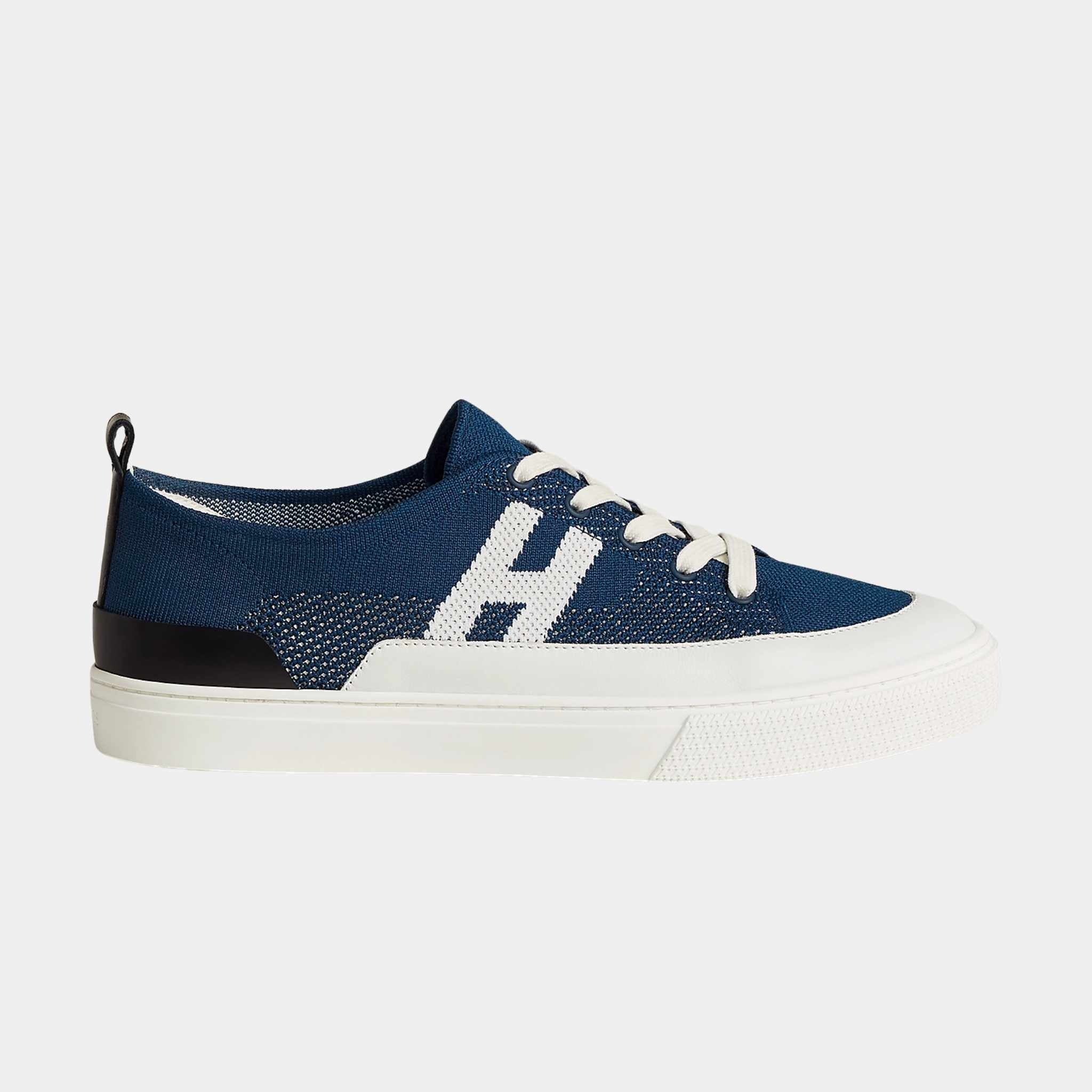 Hermes Deep Sneaker in Knit and Calfskin, Bleu Celeste, Side
