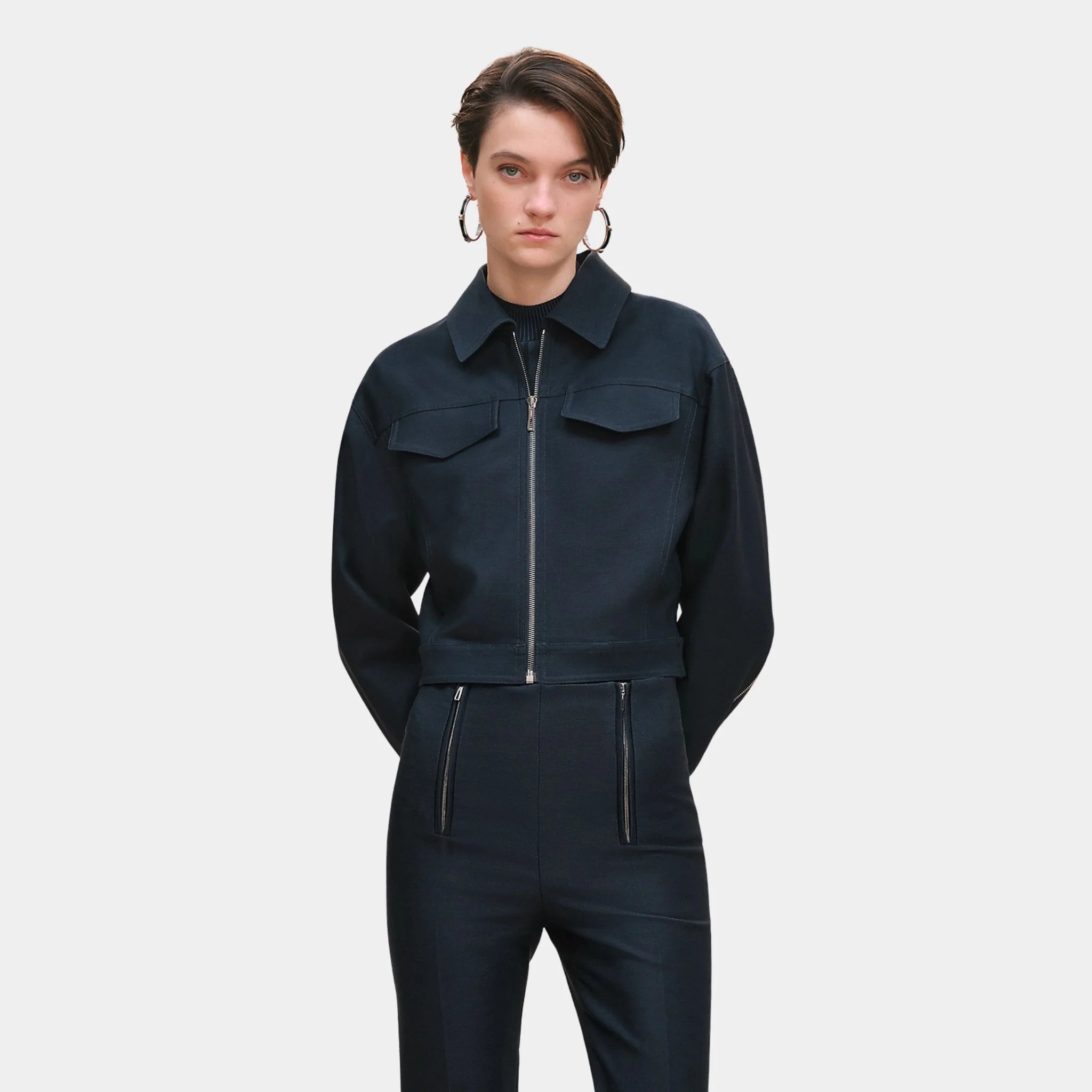 Hermes Denim Inspired Zip-Up Jacket, Bleu Celeste, Front