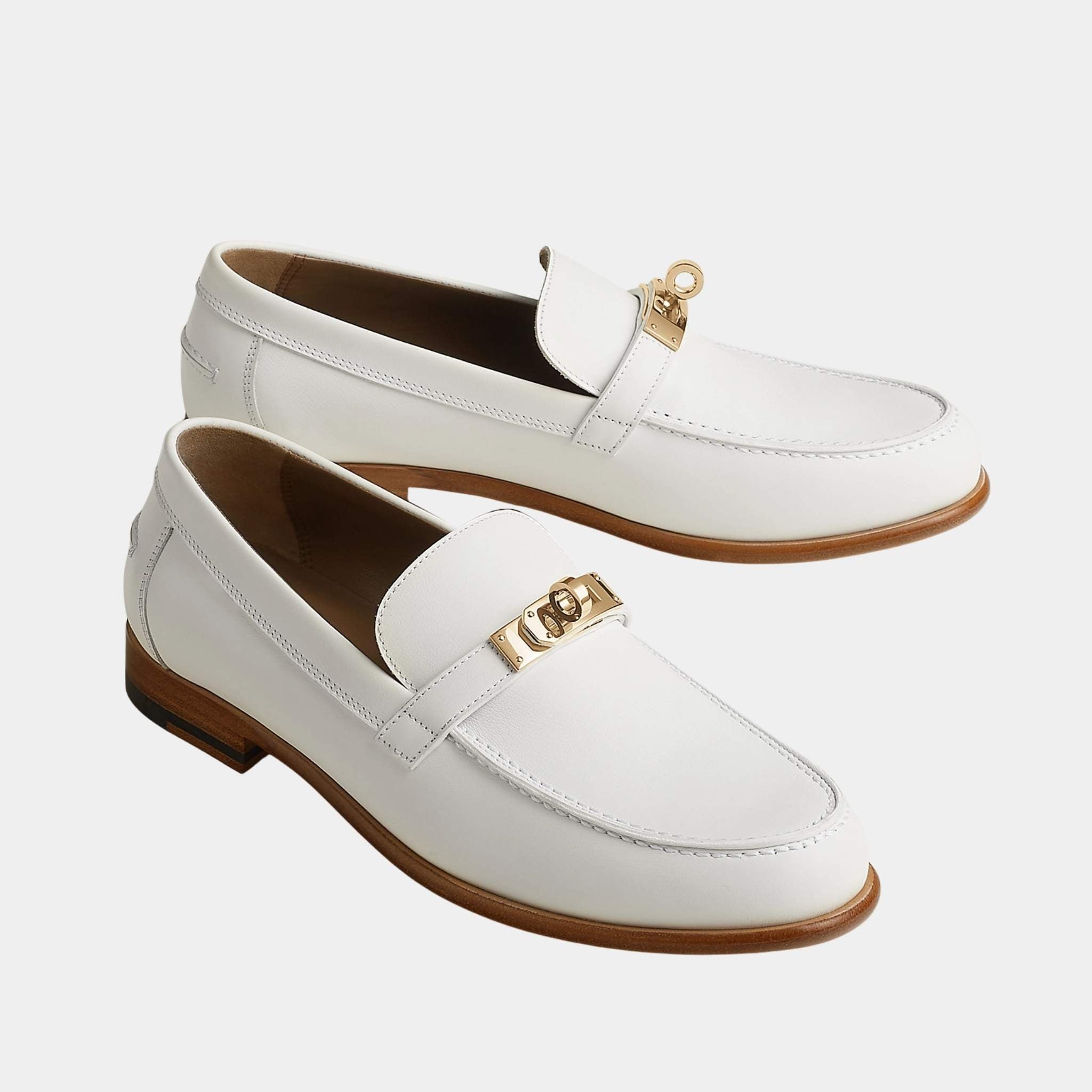 Hermes Destin Loafer Calfskin with Gold Plated Buckle, Blanc, Front