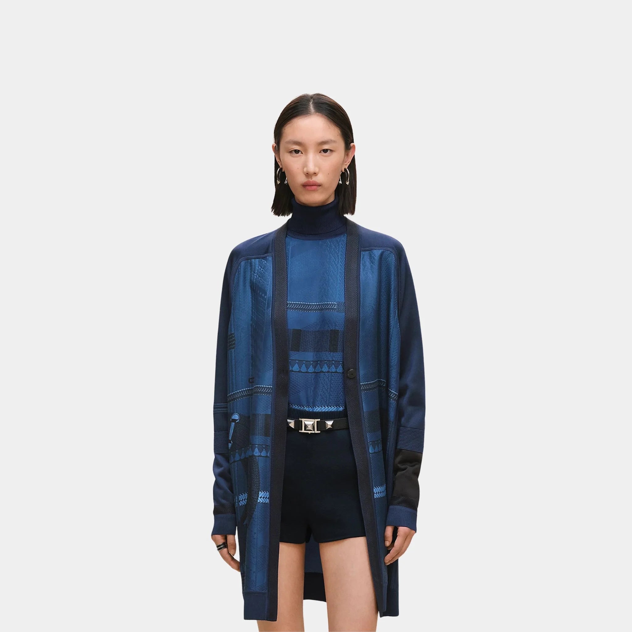 Hermes Dressage Tressage Long-sleeve Twillaine Cardigan, Bleu Encre, Front