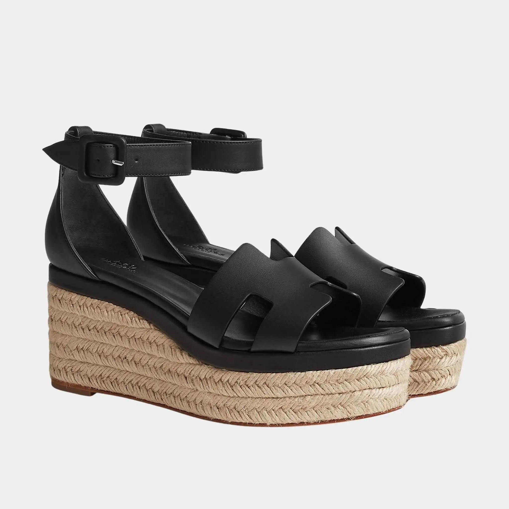 Hermes Elda Espadrille in Calfskin, Noir, Front