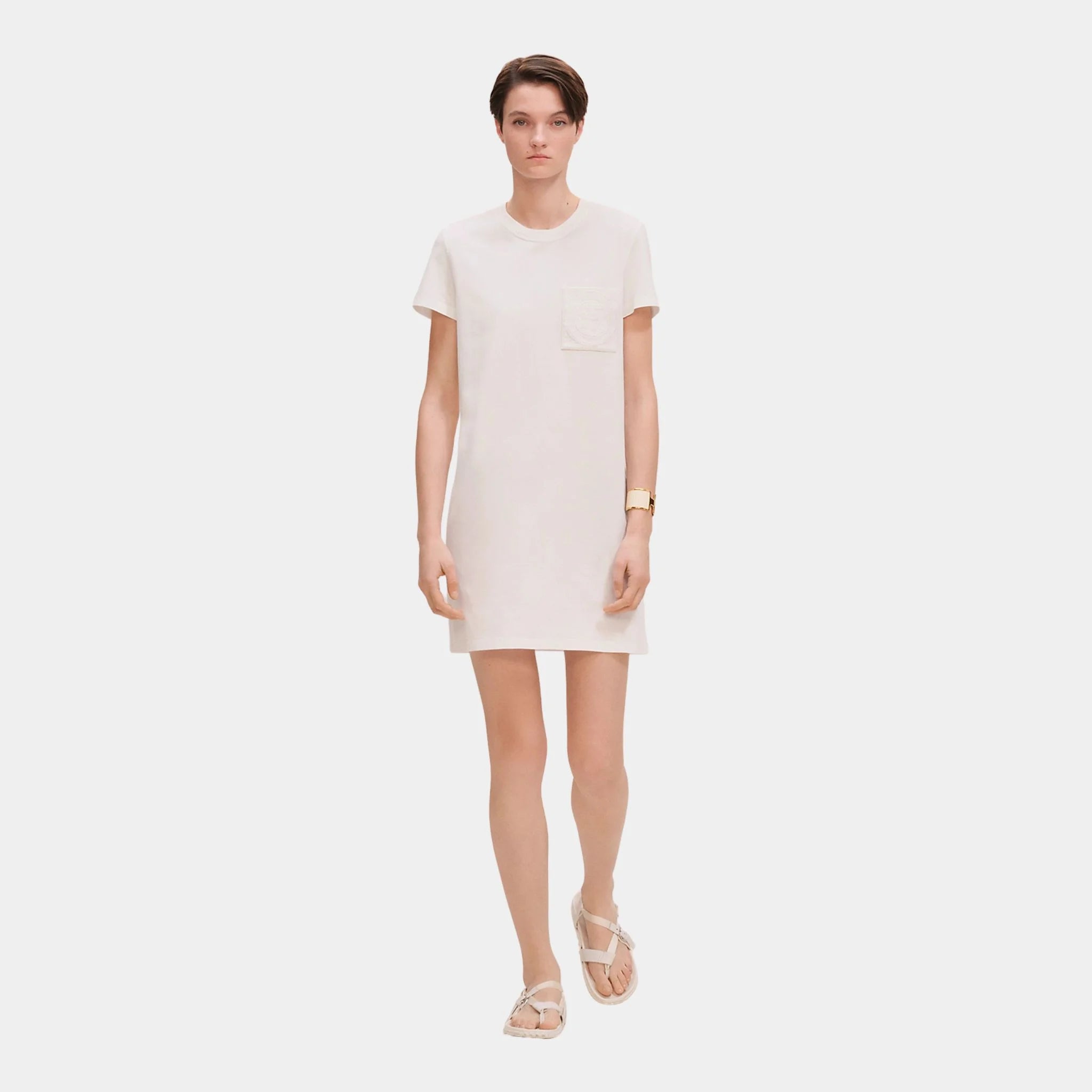Hermes Embroidered Pocket Dress in Plain Cotton Jersey, Blanc, Front